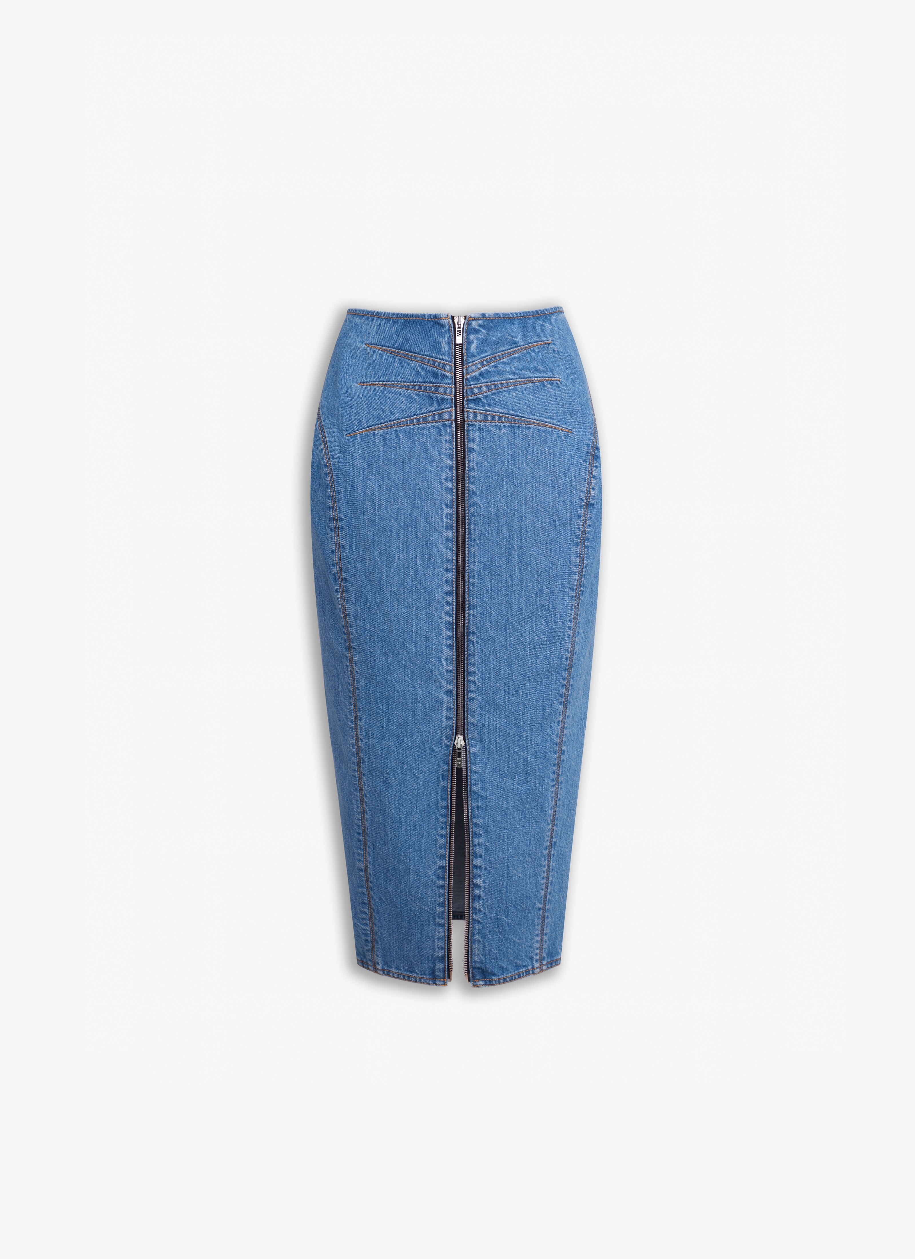 スカート ALAIA DENIM COTTON COLUMN SKIRT Denim midi skirt in blue - Alaia | Mytheresa