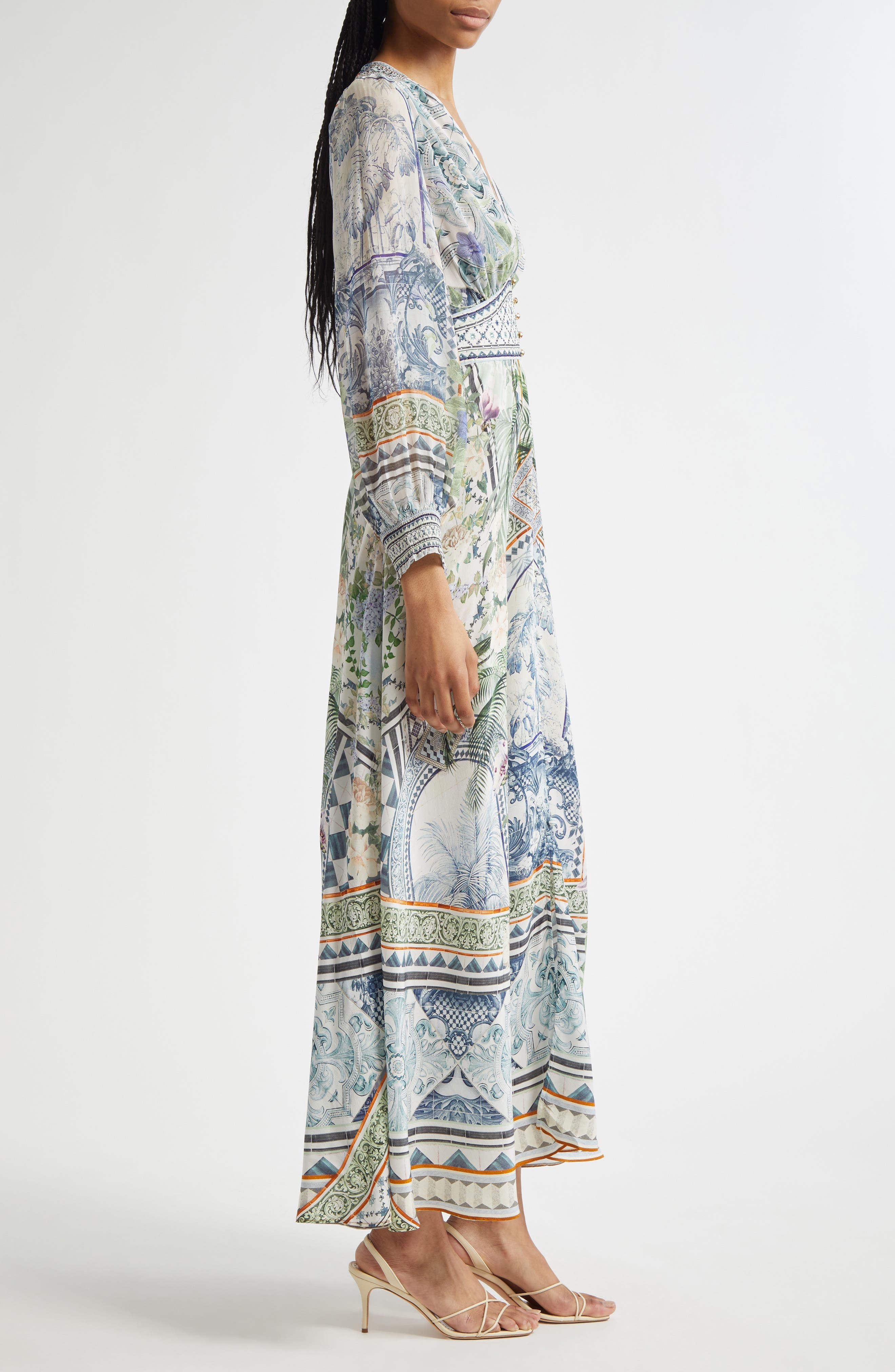 Camilla Button Front Silk Crepe Midi Dress in Jardim Party at Nordstrom - 3