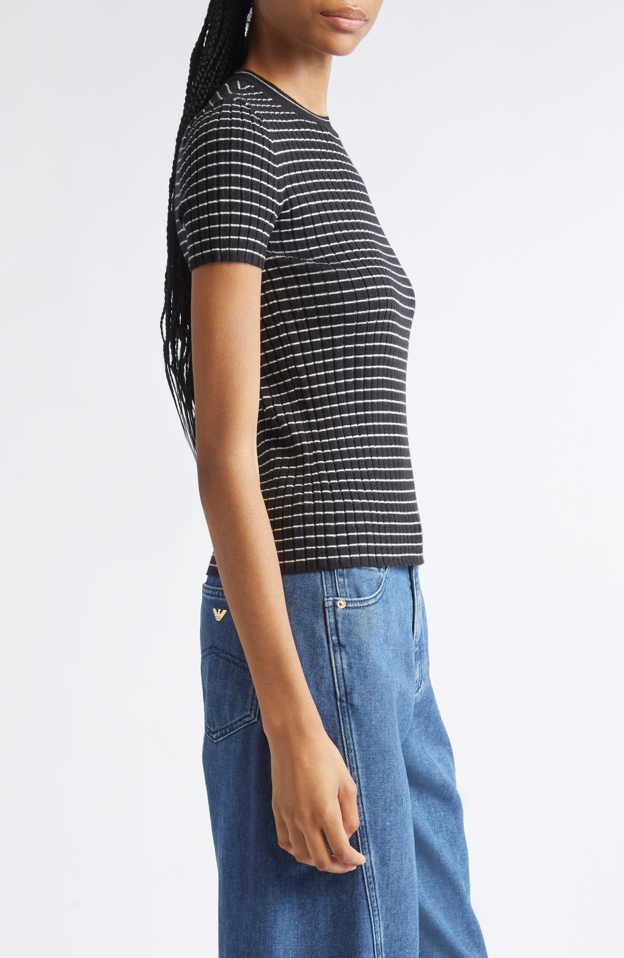 Emporio Armani Stripe Rib Crewneck Top in Solid Black at Nordstrom - 3