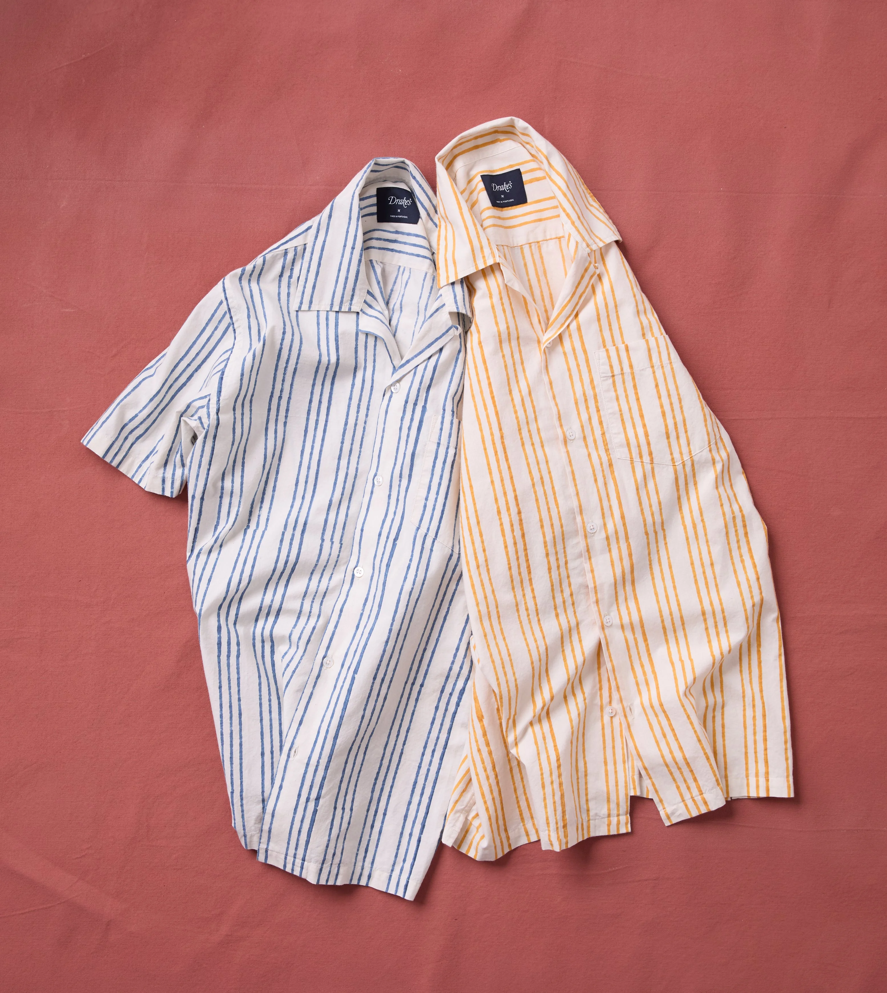 Indigo Triple Stripe Block Print Cotton Camp Collar Short Sleeve Shirt - 1