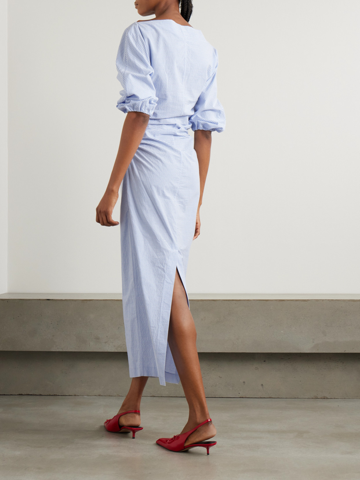 Ezra Ruched Striped Cotton-seersucker Midi Dress - 3