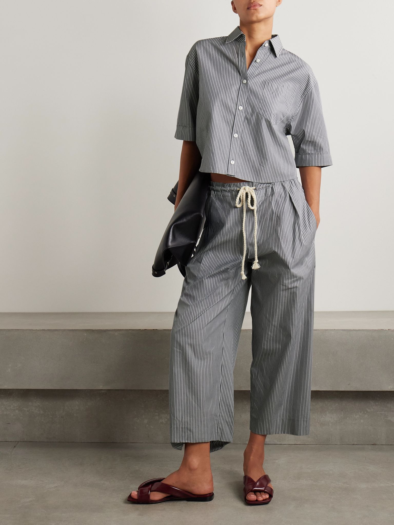Cropped striped organic cotton shirt Gray - 2