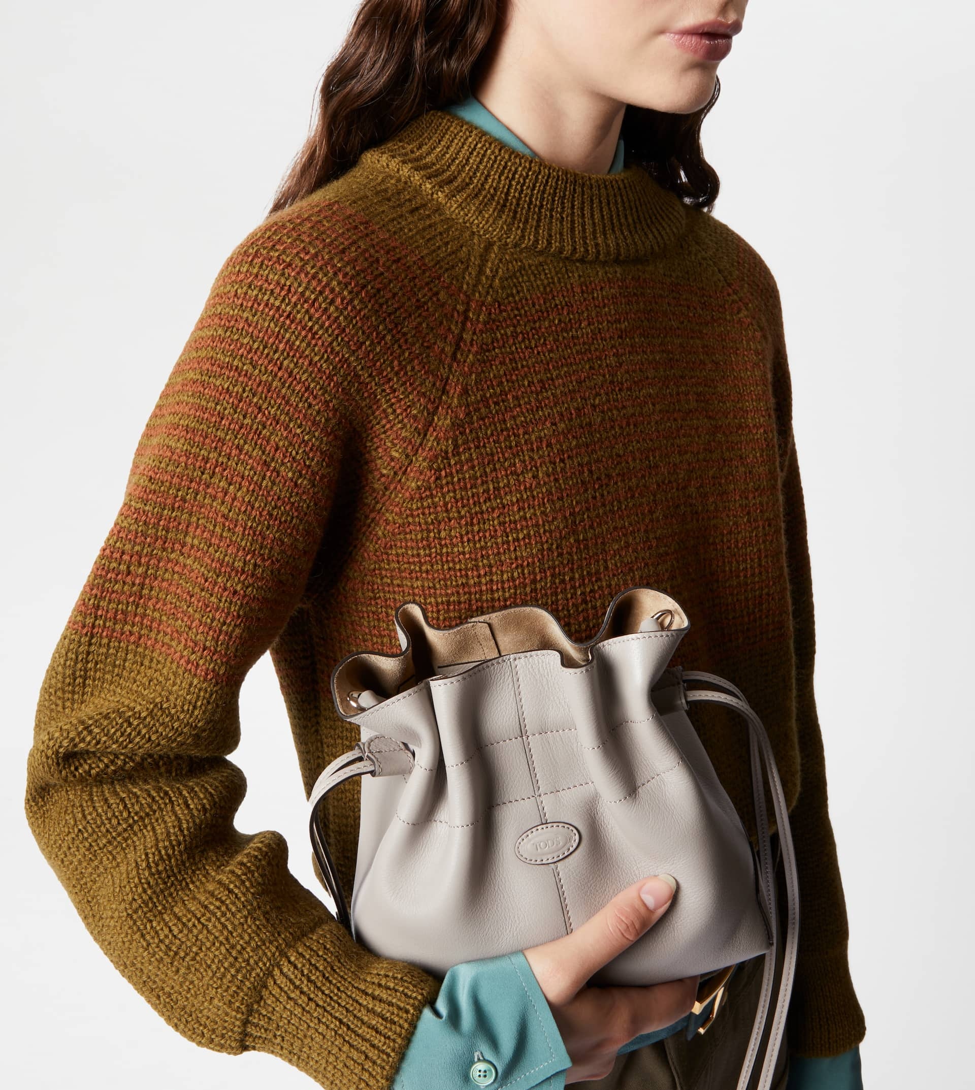 TOD'S DI BAG BUCKET BAG IN LEATHER MINI WITH DRAWSTRING - GREY - 4