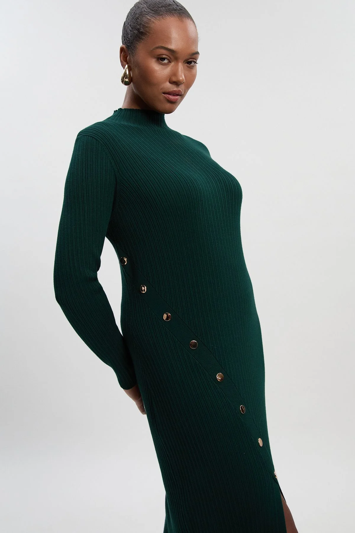 split knit dress KAREN MILLEN Plus Size Viscose Blend Popper Detail Midi - BKK26146-572 Long sleeve
