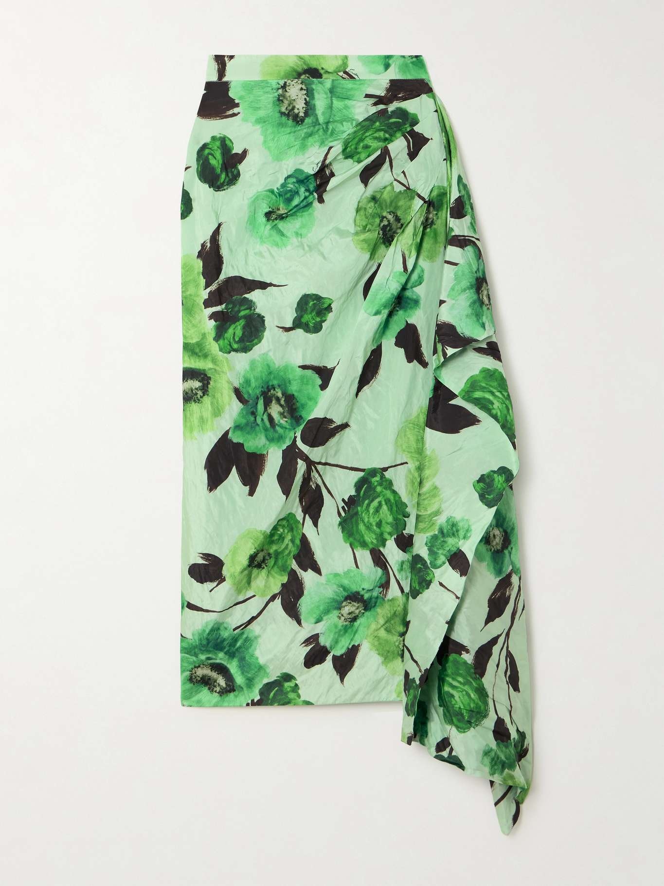 Asymmetric draped floral-print crinkled-taffeta midi skirt - 1