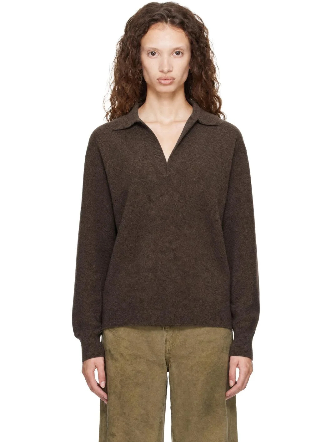Brown Extra Fine Wool Knit Skipper Sweater - 1