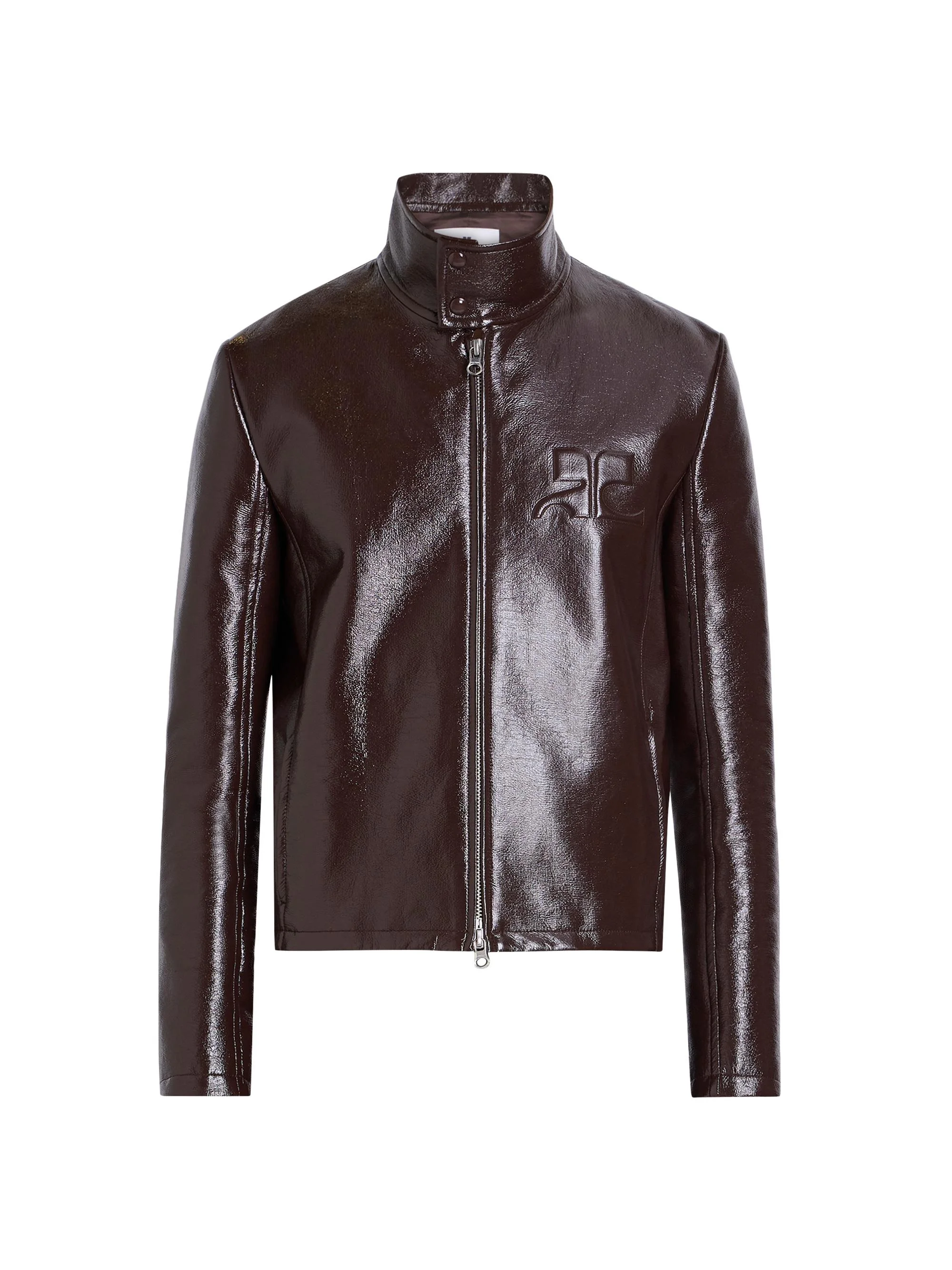Men's Zipped Vinyl Biker Jacket - Chocolate - 1