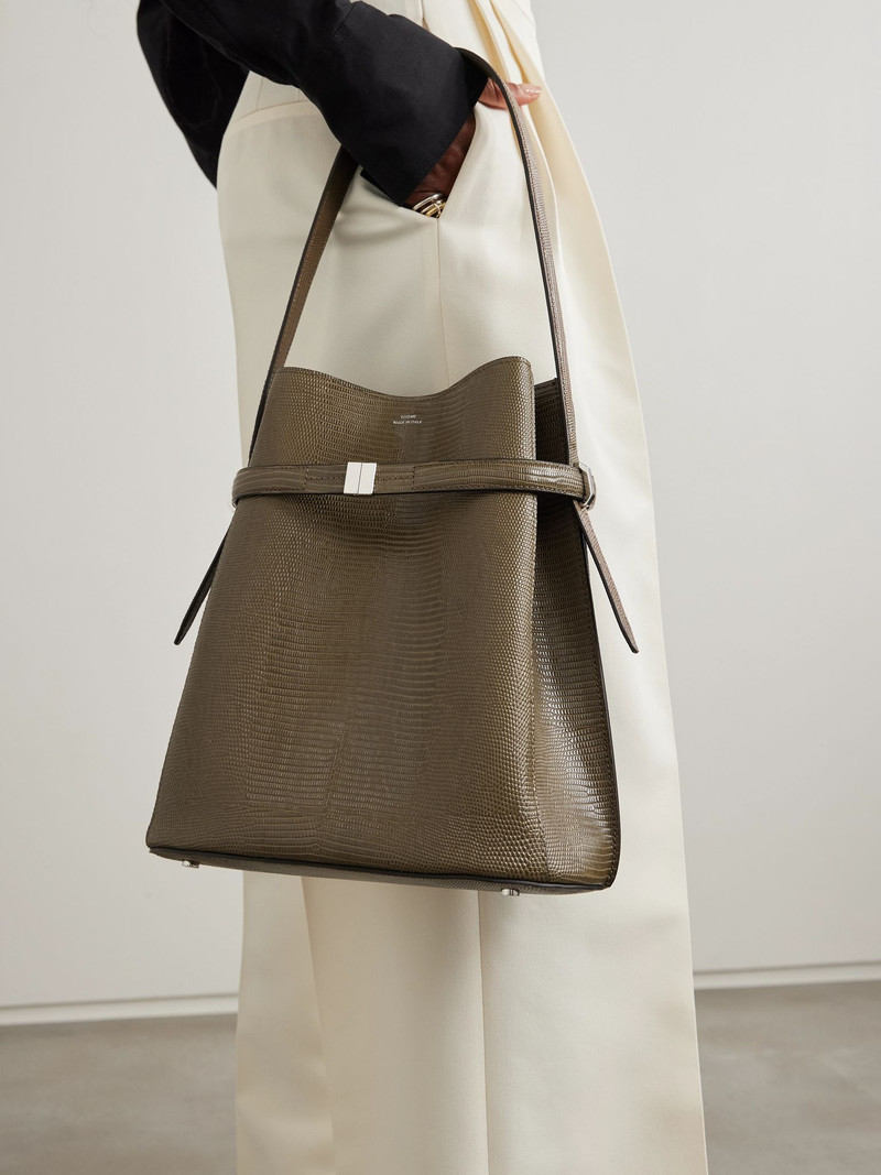 TOTEME Belted lizard-effect leather tote Dark green outlook