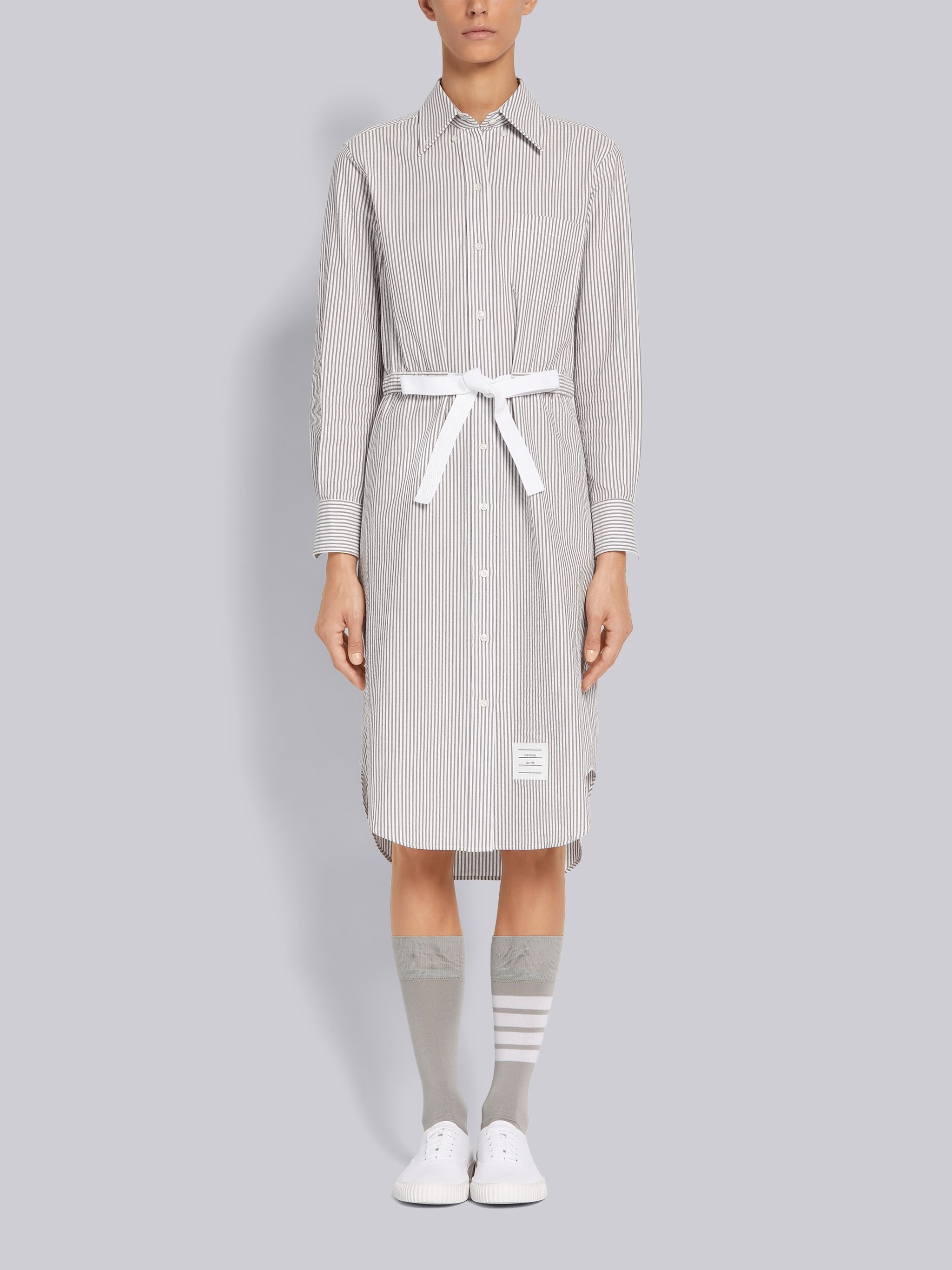 Medium Grey Cotton Seersucker Grosgrain Belt Long Sleeve Below the Knee Shirtdress - 1