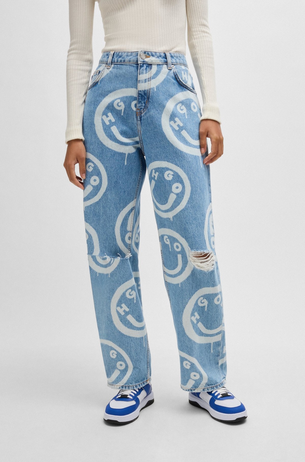 BAGGY-FIT DISTRESSED JEANS WITH HAPPY HUGO PRINT - 2