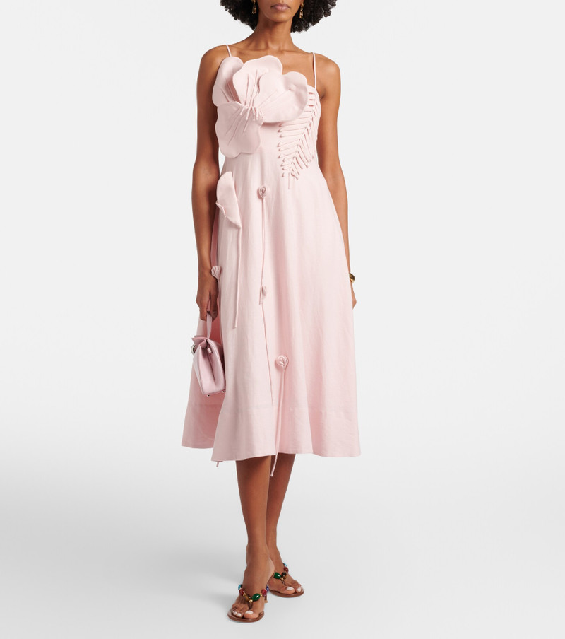FARM RIO Floral-appliqué linen-blend midi dress outlook