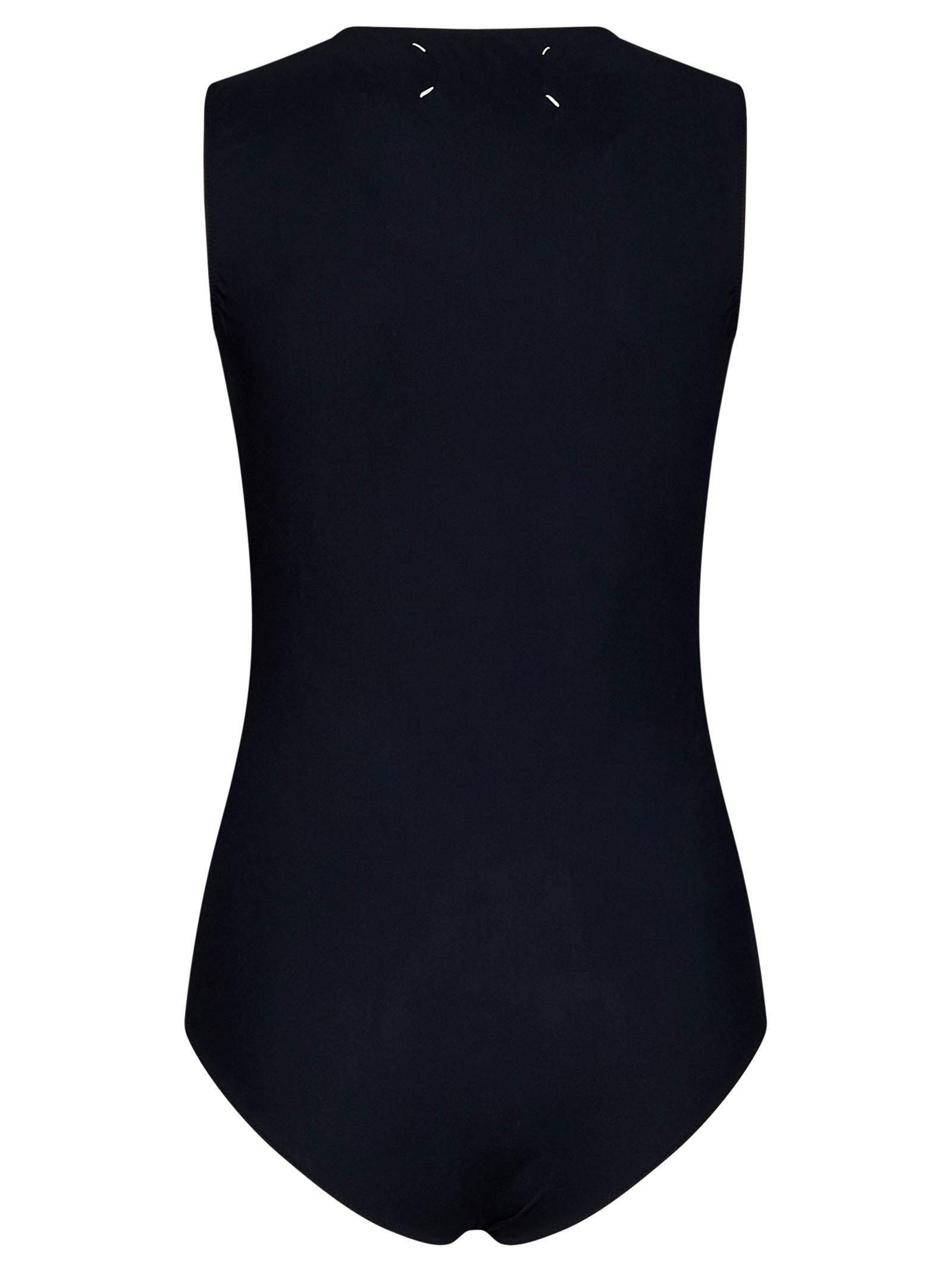 Black sleeveless stretch jersey bodysuit with white Four stitches at back. - 4
