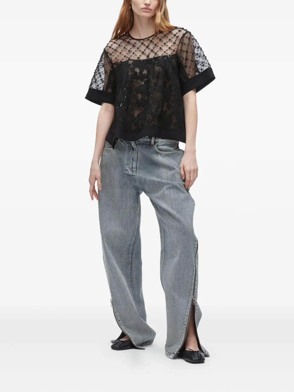 Corded Lace Organza Short Sleeve Flounce Top - 2