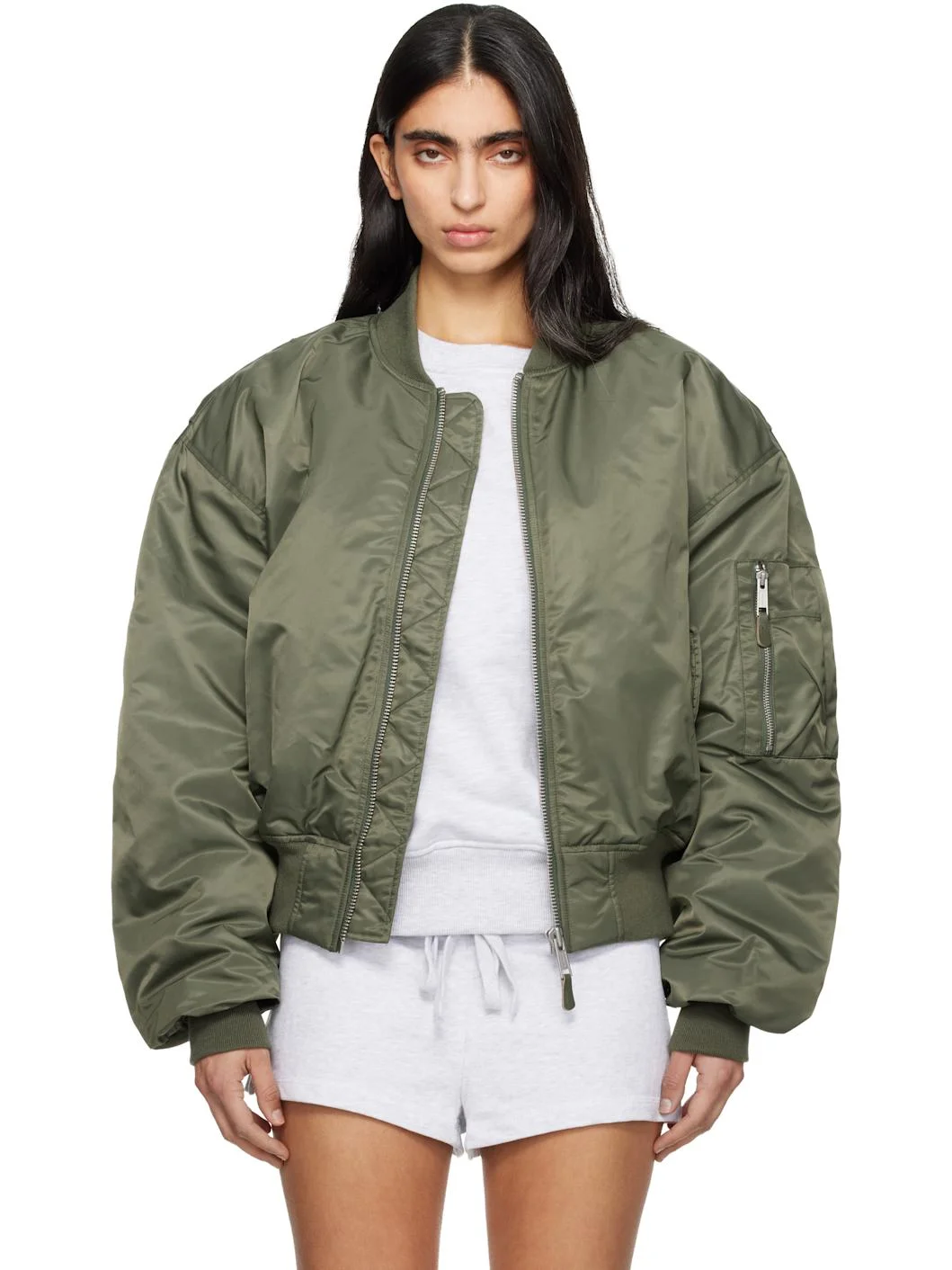 Khaki Cropped Broad Bomber Jacket - 1