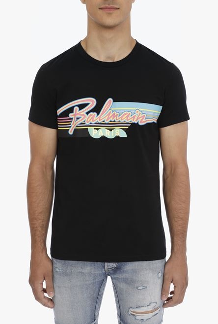 EXCLUSIVE - Black cotton T-shirt with multicolor Balmain Paris logo - 5