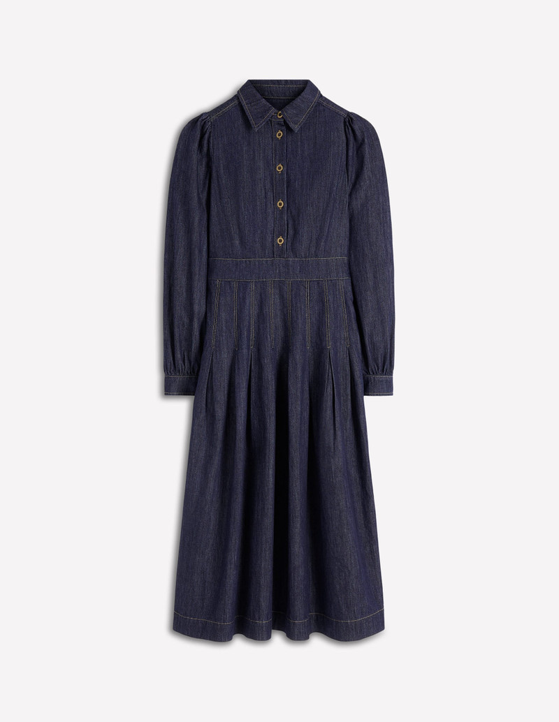 Pleat Skirt Denim Midi Dress-Indigo Wash 1