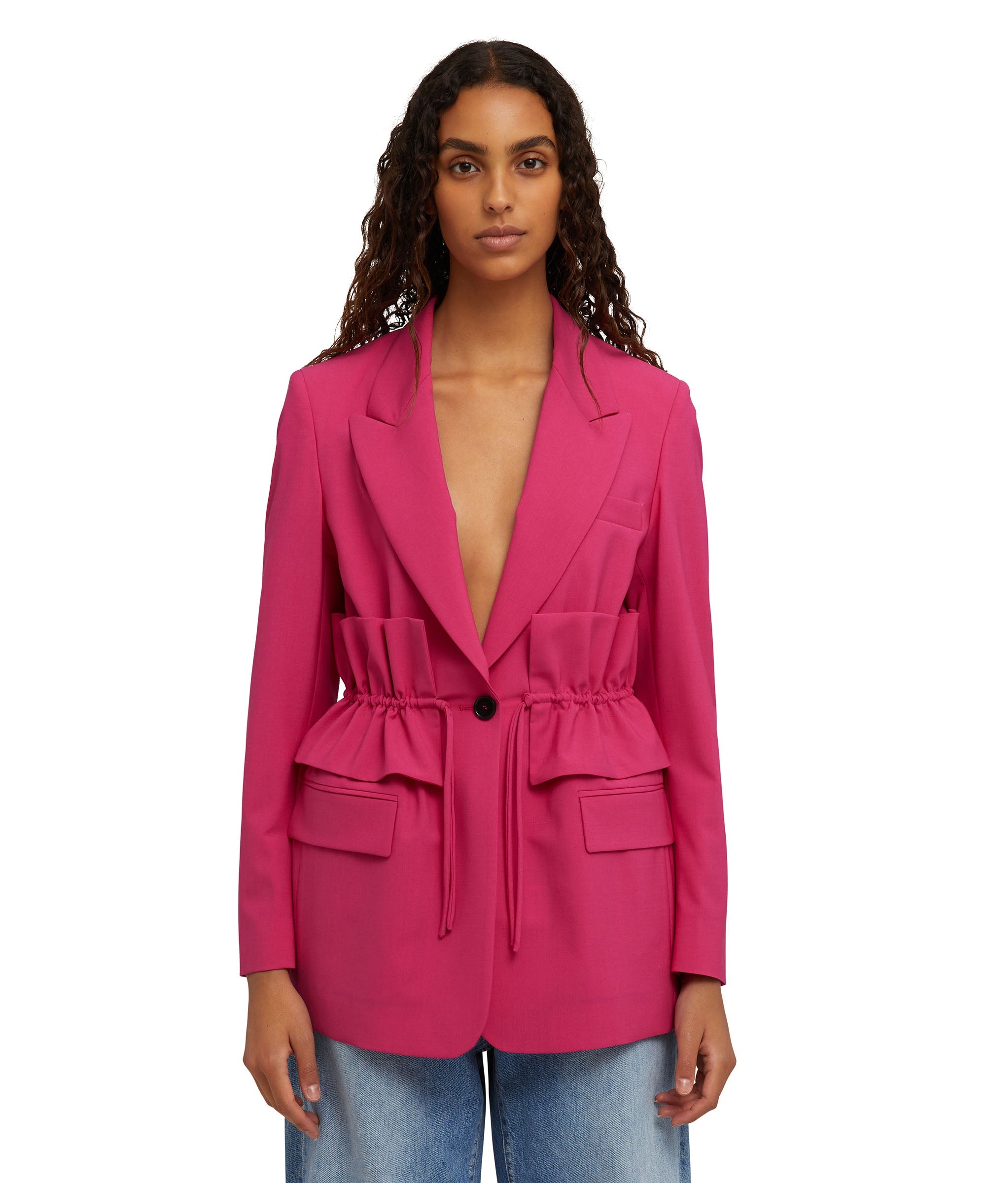 Lightweight wool single-breasted blazer with lapel collar and ruffled waist - 1