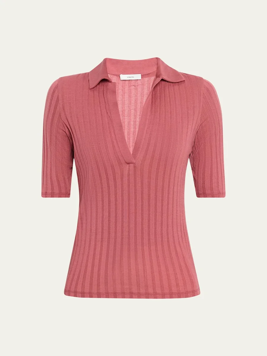 Elbow-Sleeve Silk Rib Polo Shirt - 1