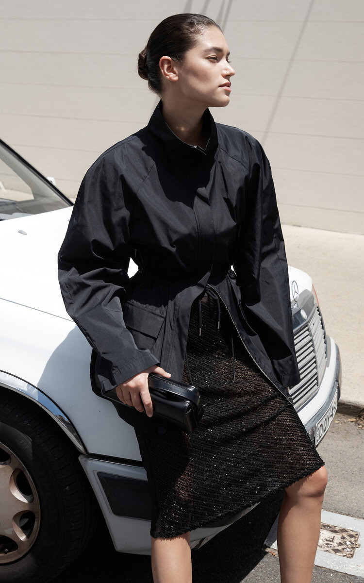 Stand Collar Paper Taffeta Parka black - 2