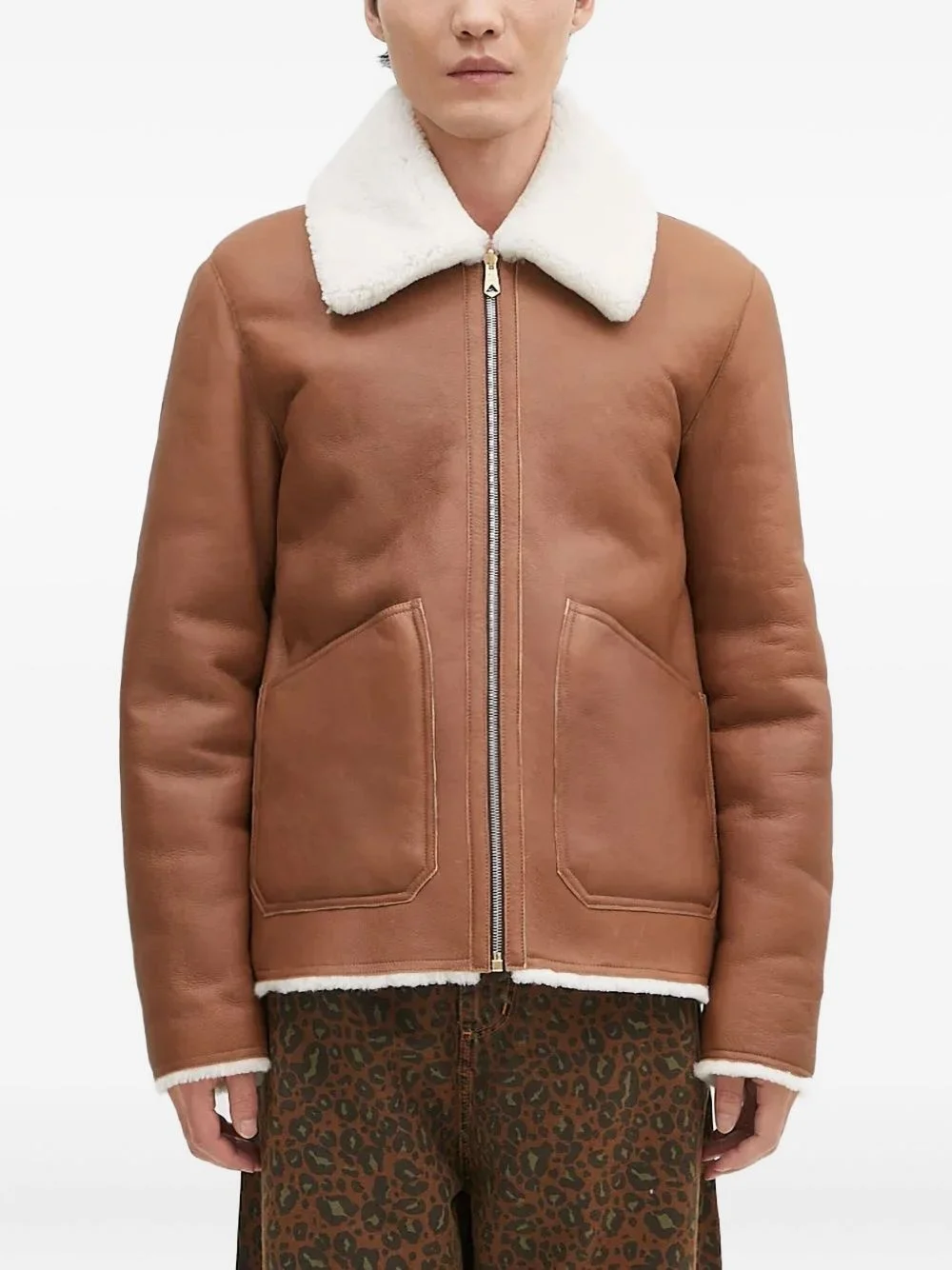 shearling-collared leather jacket - 1
