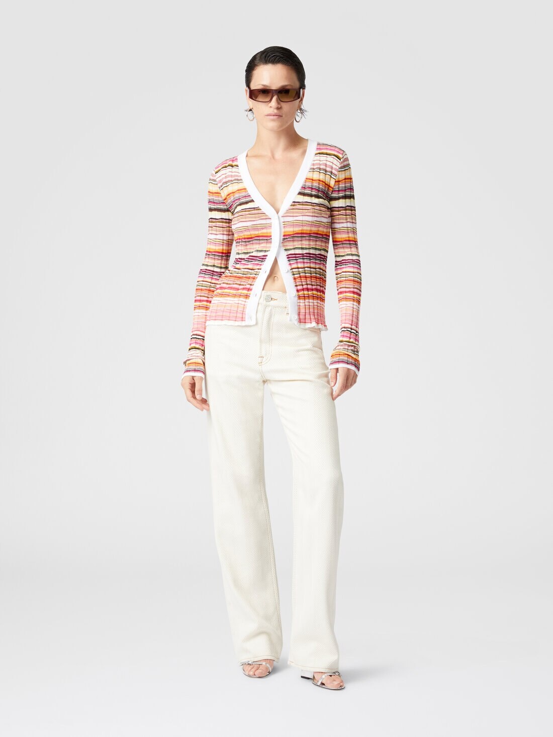 Striped cotton and viscose ribbed cardigan with contrasting trim - 2
