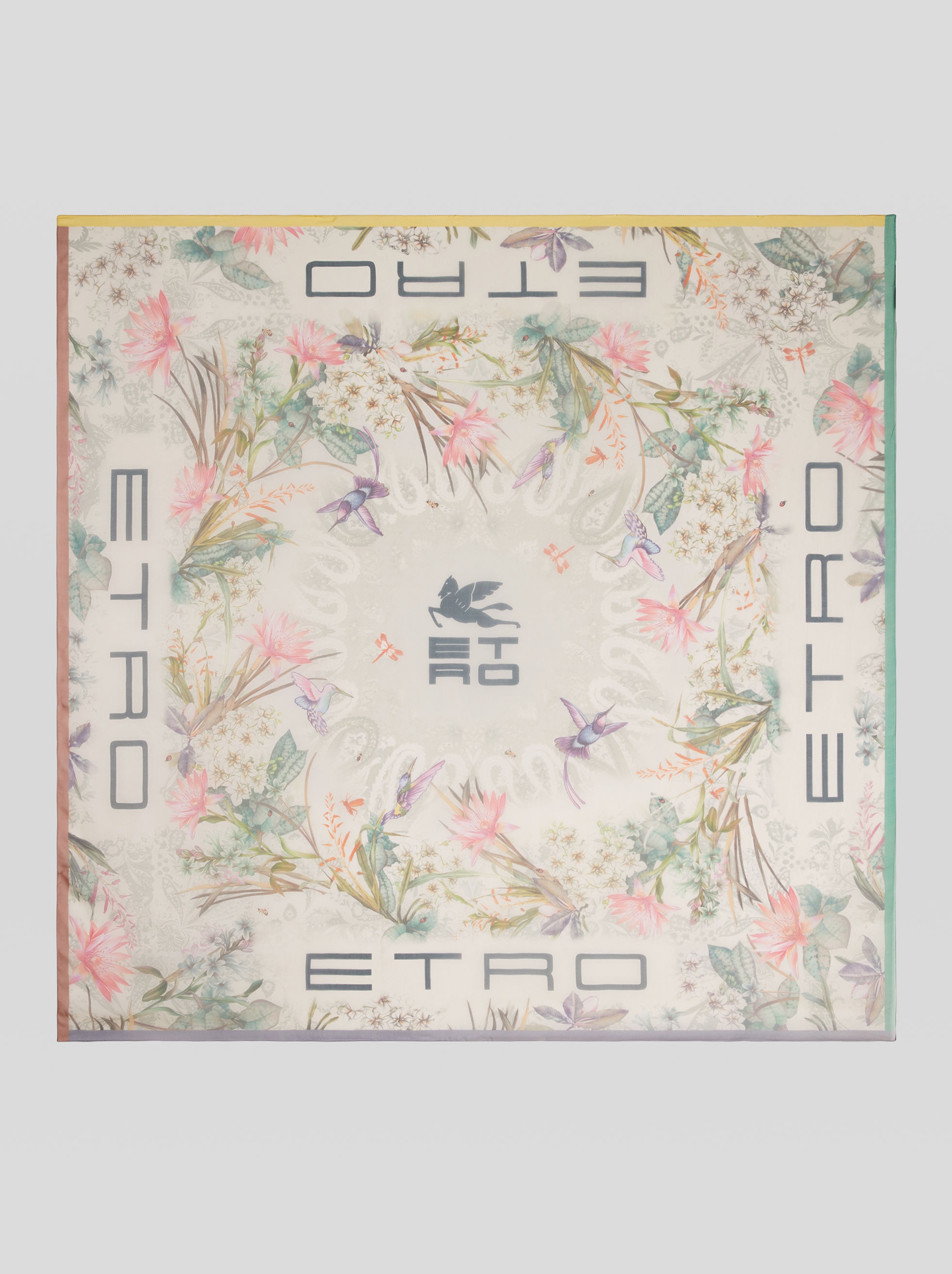 SILK SHAWL WITH FLOWERS, HUMMINGBIRDS AND ETRO LOGO - 1