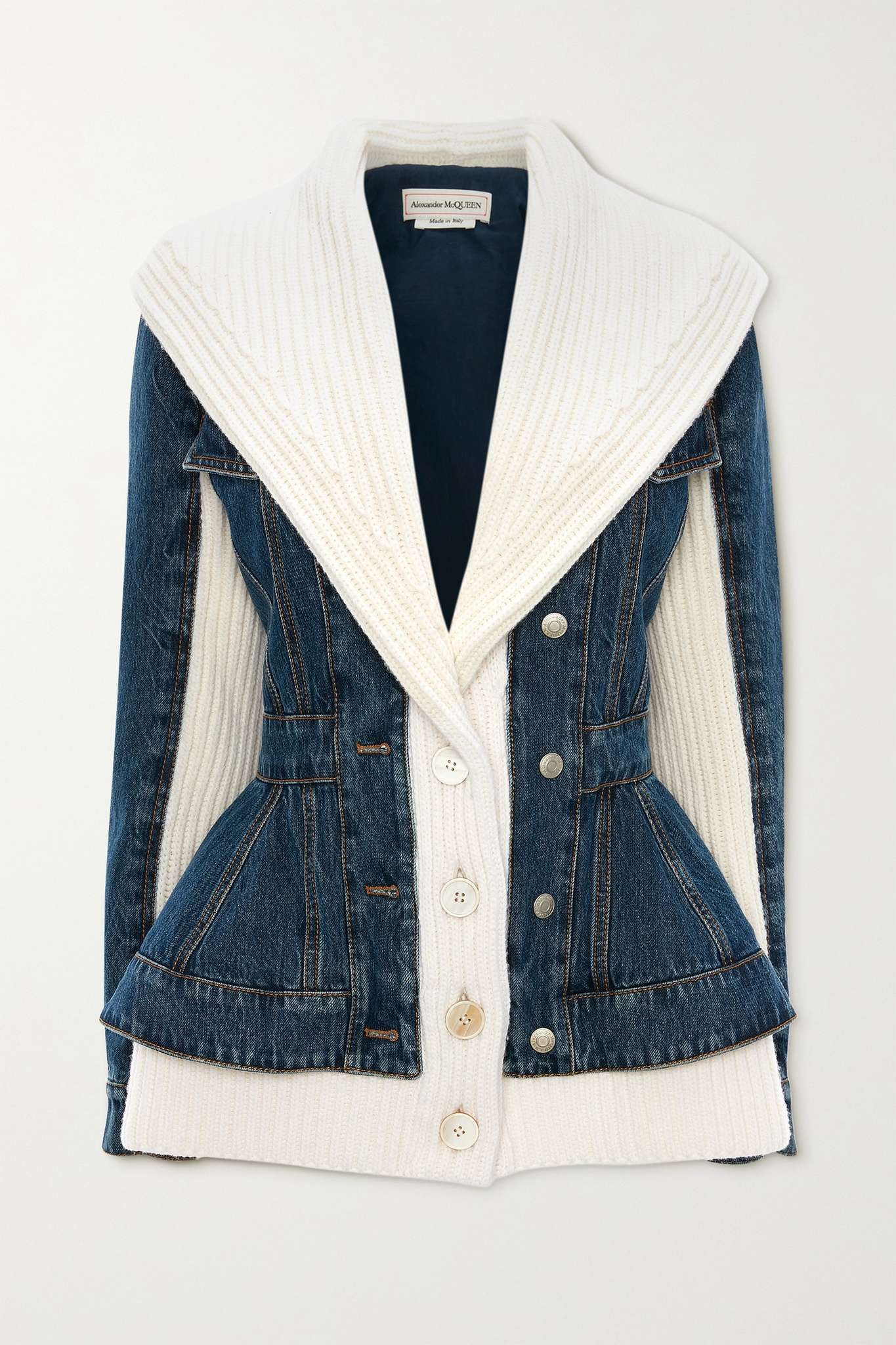 Paneled denim and ribbed wool peplum jacket - 1