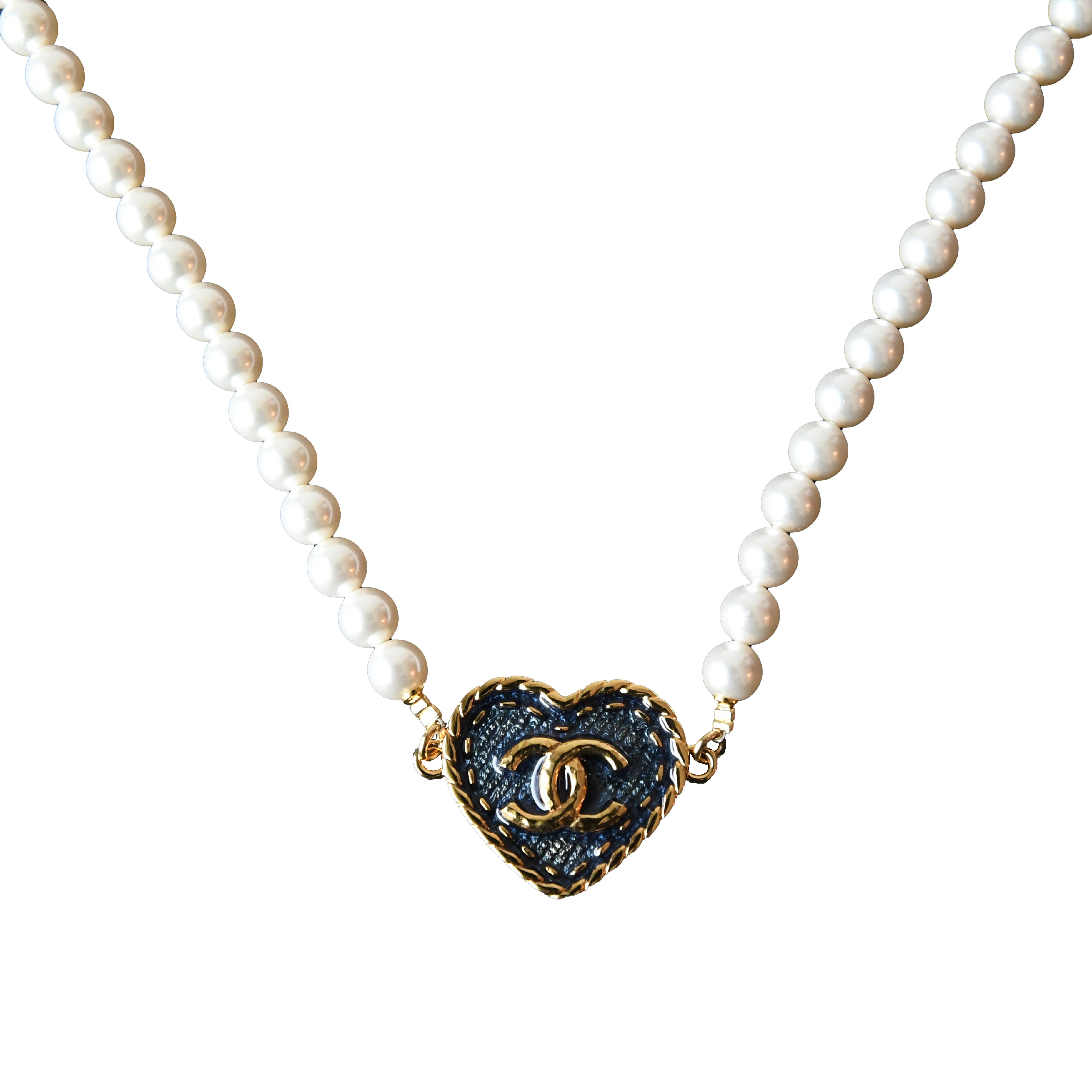 Chanel 24P Metal Denim CC Heart Choker With Pearl Necklace Gold Blue Pearly White - 2