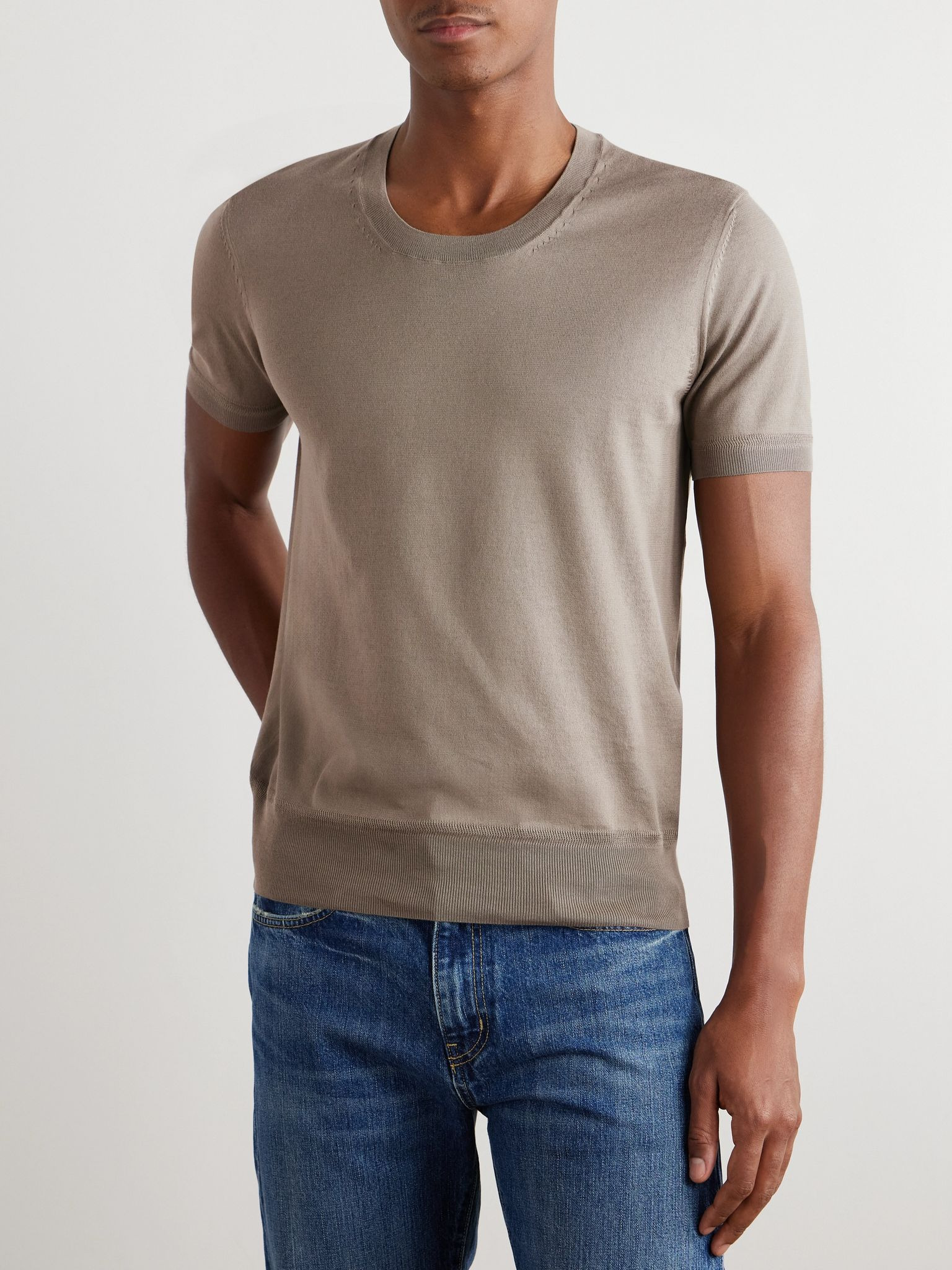 Slim-Fit Cotton T-Shirt Beige - 3