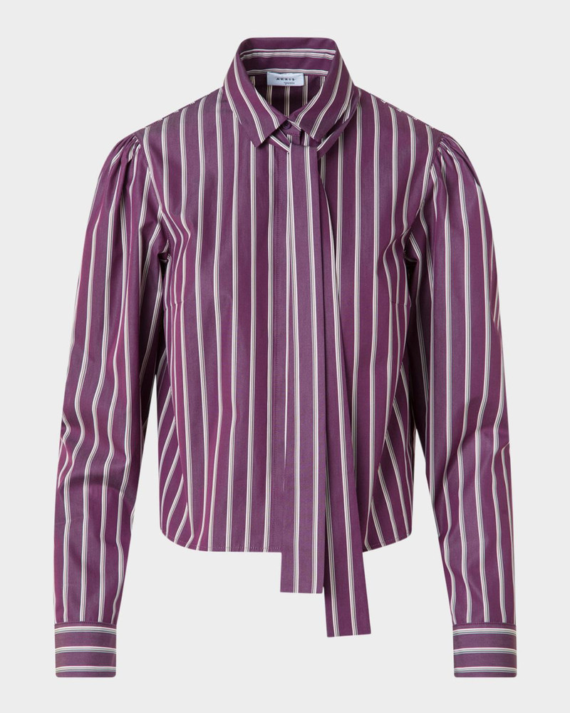 Striped Tie-Neck Cotton Poplin Blouse 1