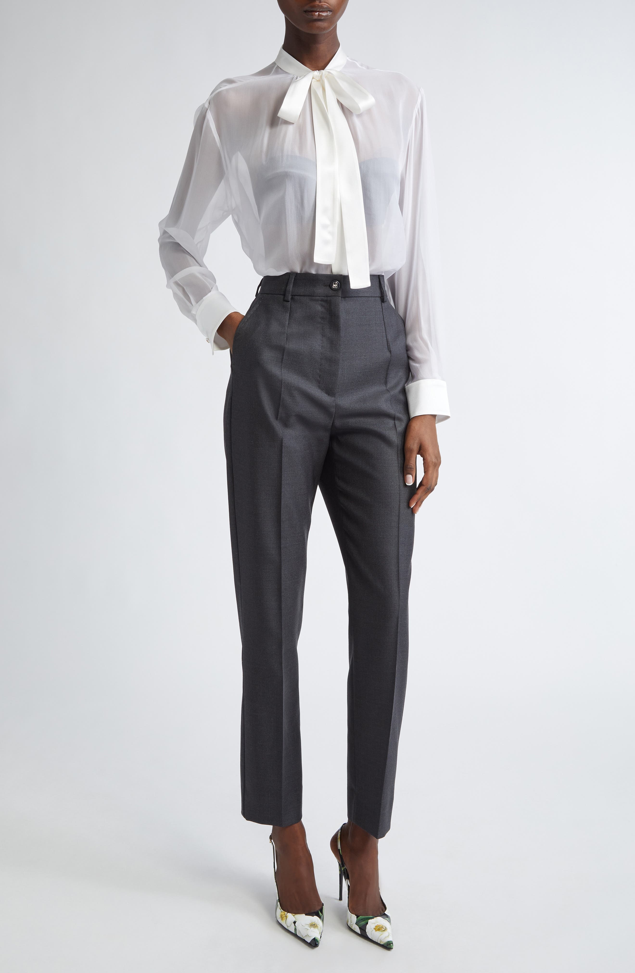 Dolce&Gabbana Sheer Silk Chiffon Tie Neck Shirt in W0800 Bianco Ottico at Nordstrom - 2