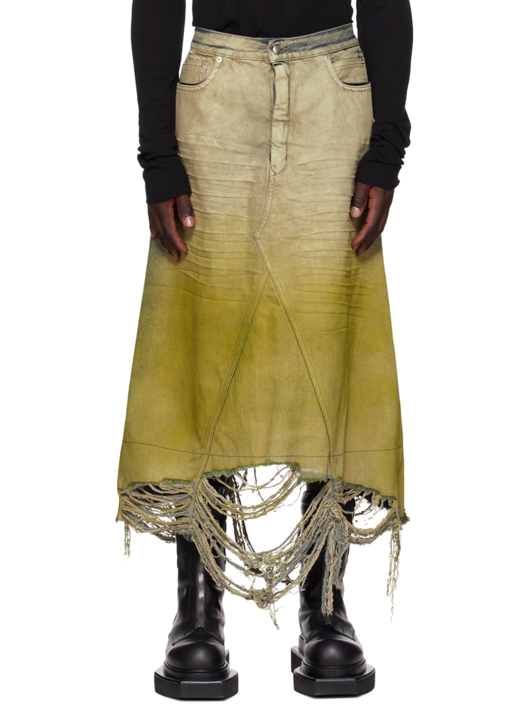 Off-White & Yellow Godet Denim Skirt - 1