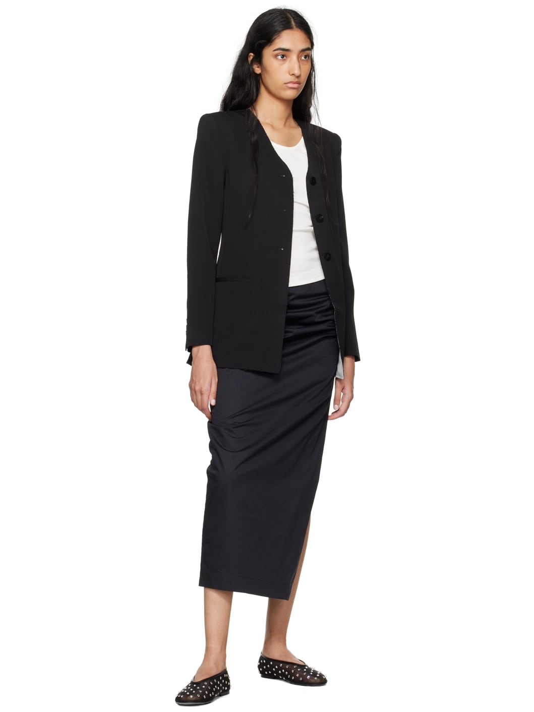 Black Raw Edge Collarless Blazer - 4