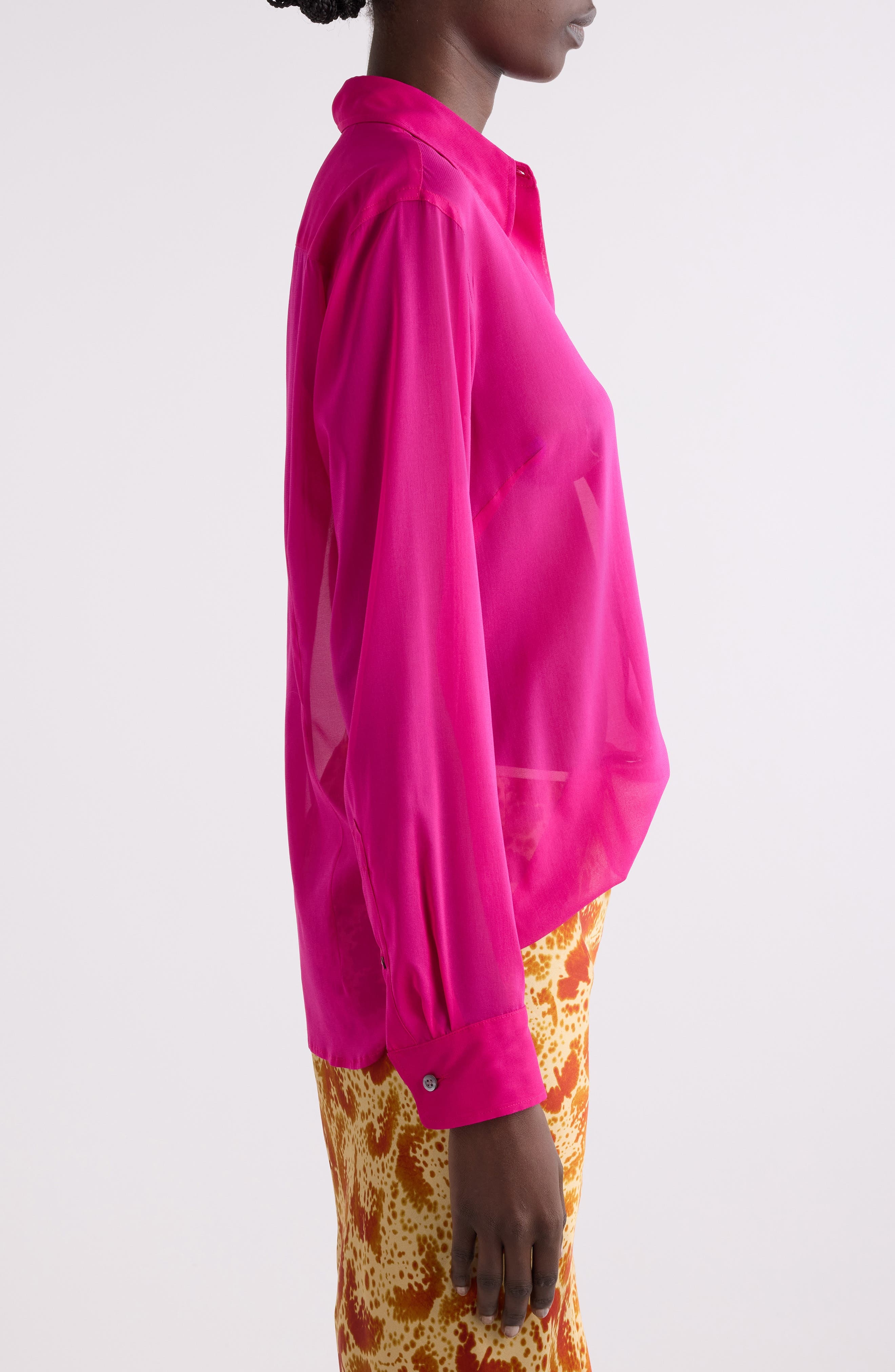 Dries Van Noten Chowy Stretch Silk Button-Up Shirt in Fuchsia at Nordstrom - 4