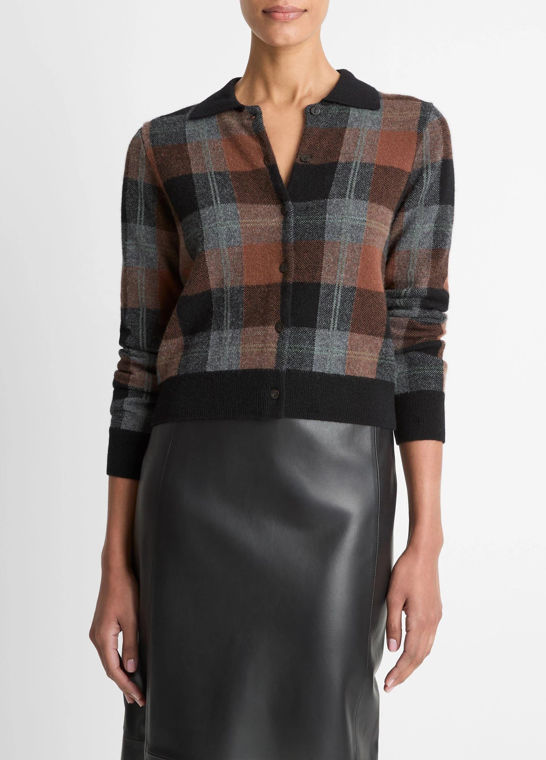 Checked Plaid Cashmere Polo Cardigan - 1