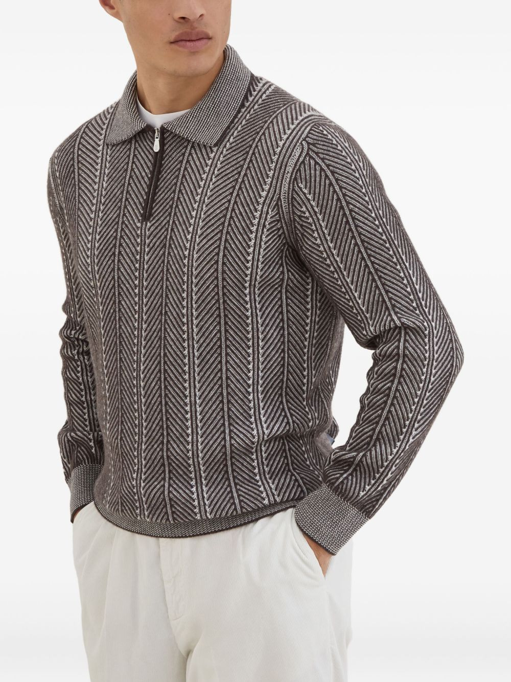 herringbone-pattern zipped polo shirt - 3