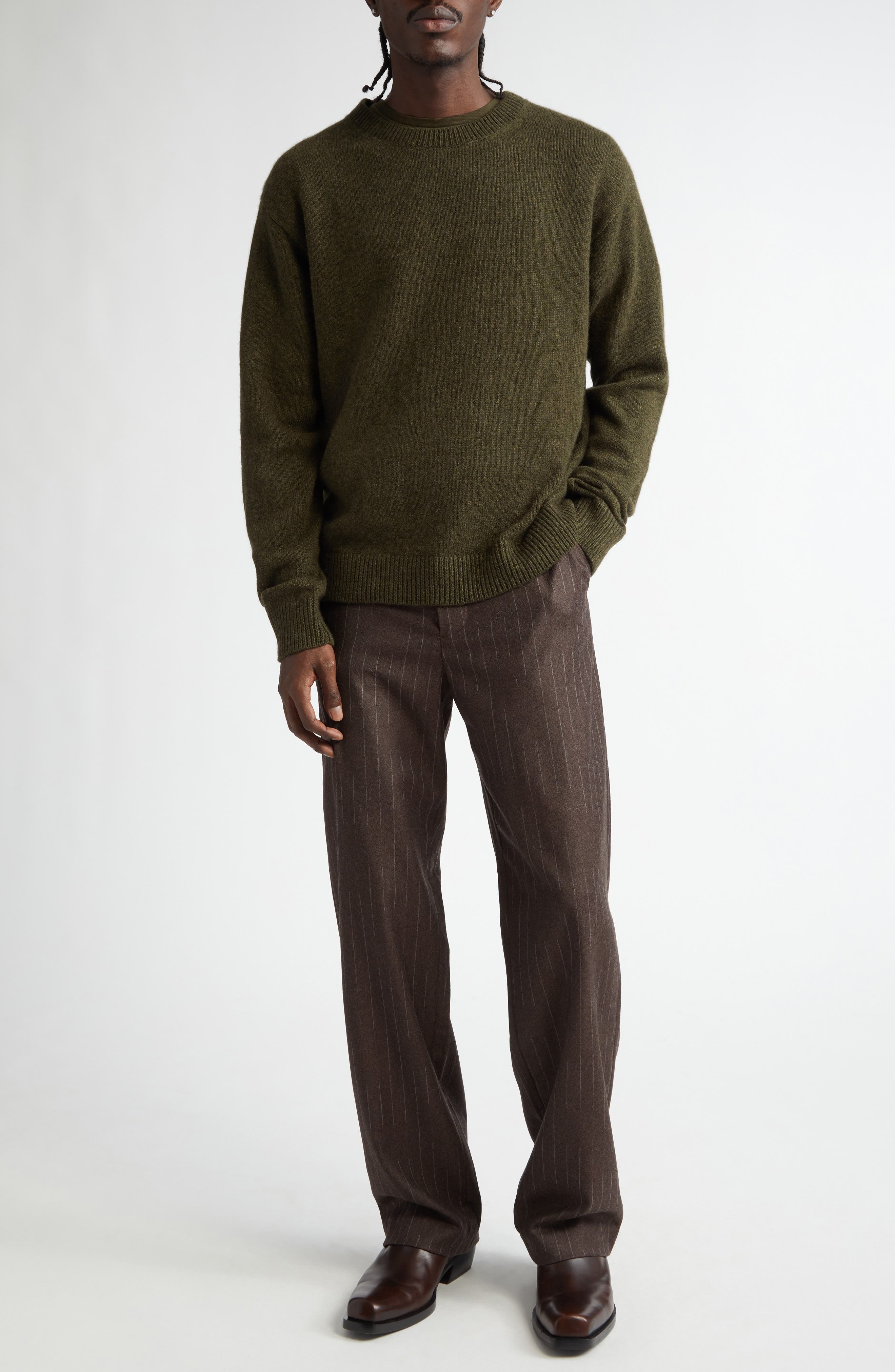 The Elder Statesman Chalk Stripe Flat Front Wool & Cashmere Trousers in Brown at Nordstrom - 2