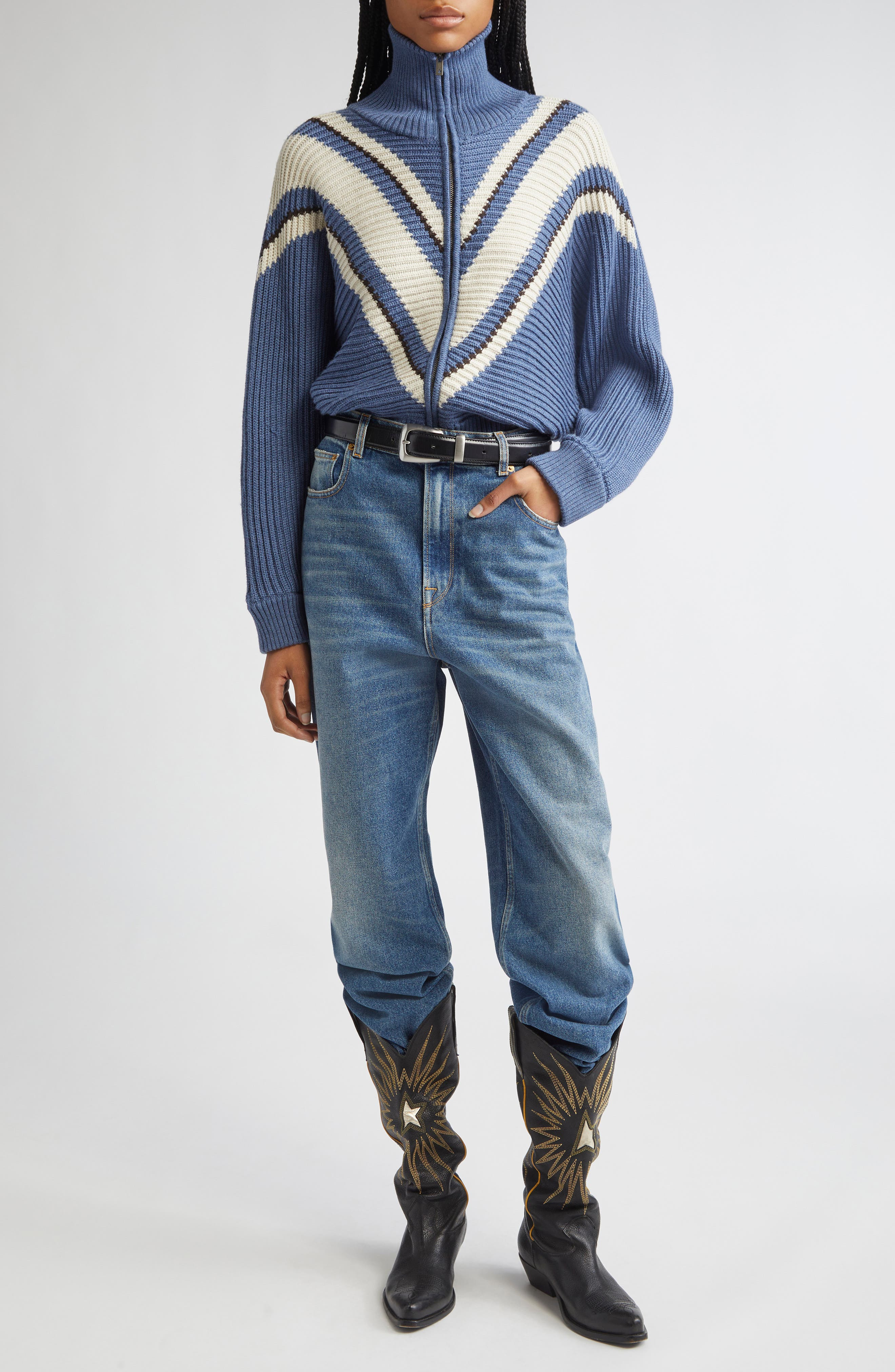 Golden Goose Journey Odilia Chevron Stripe Virgin Wool Zip Cardigan in Dutch Blue/Natural White at N - 2