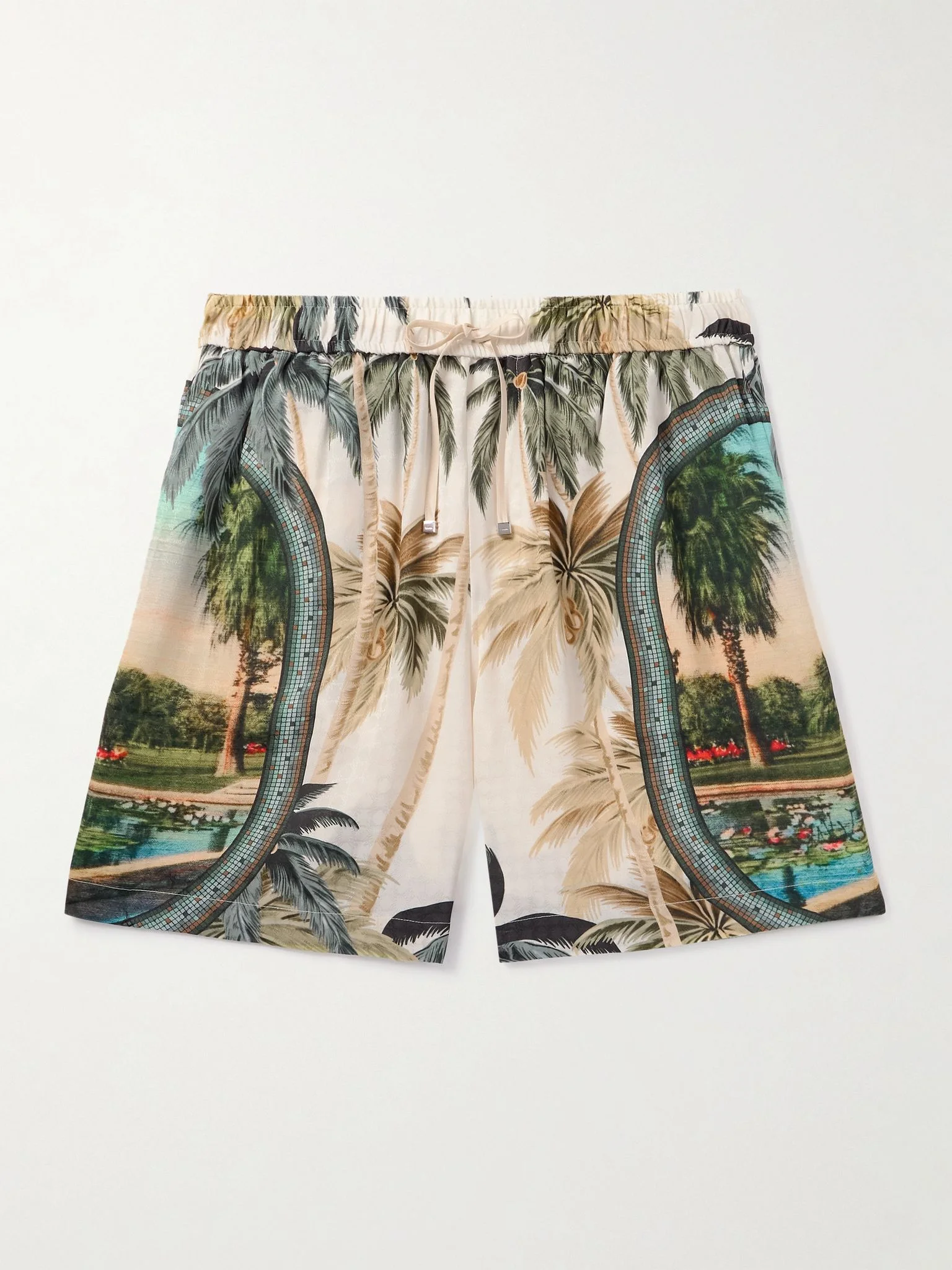 Paradise Straight-Leg Printed Satin Drawstring Shorts Green - 1