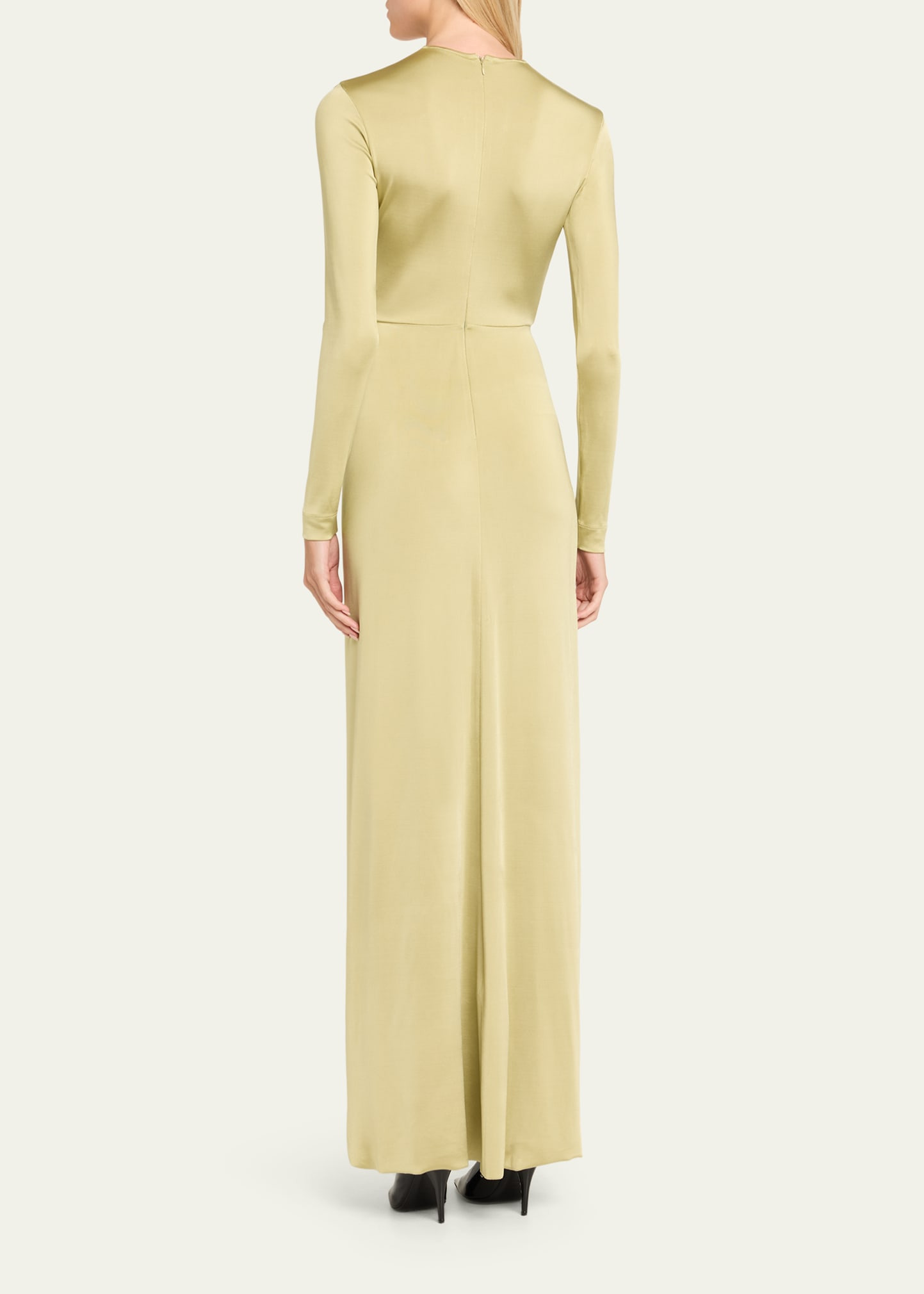 Plunging Gathered Crystal Long-Sleeve Gown - 3