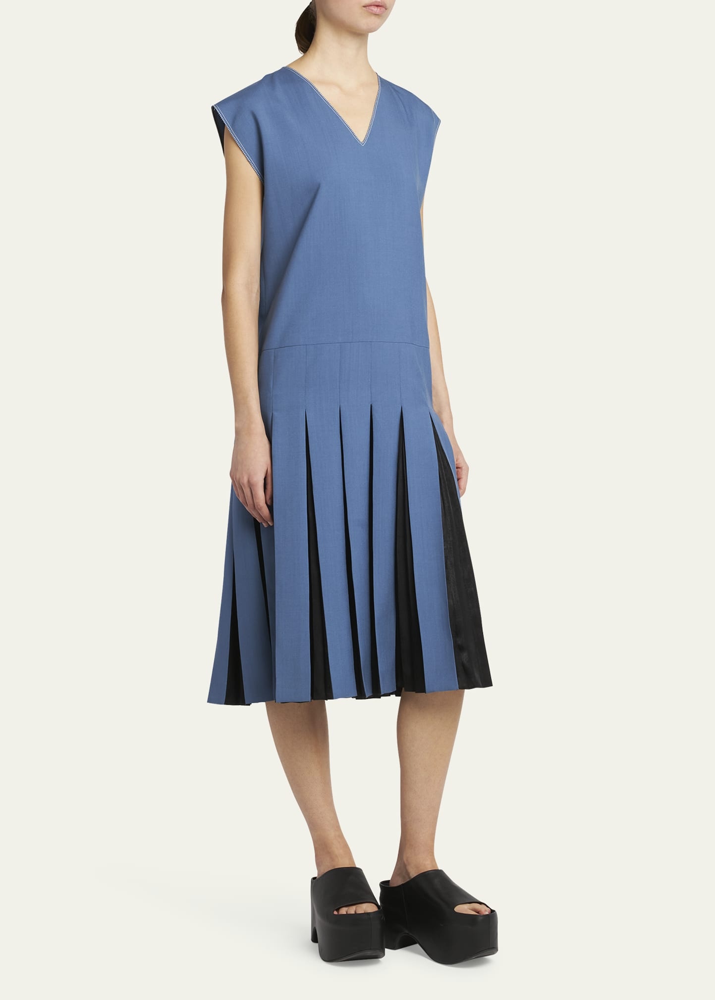 Pleated V-Neck Midi Dress - 4