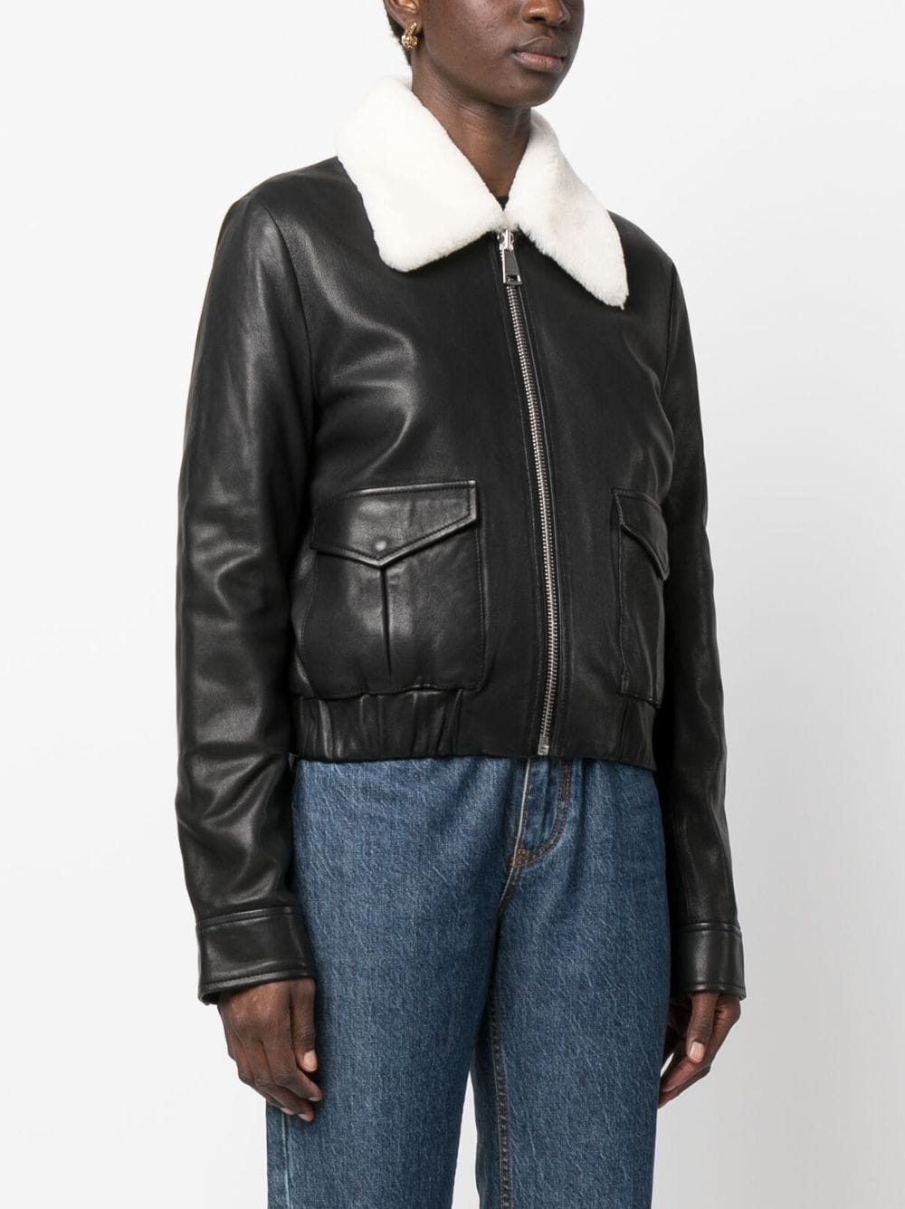 shearling-collar leather jacket - 3