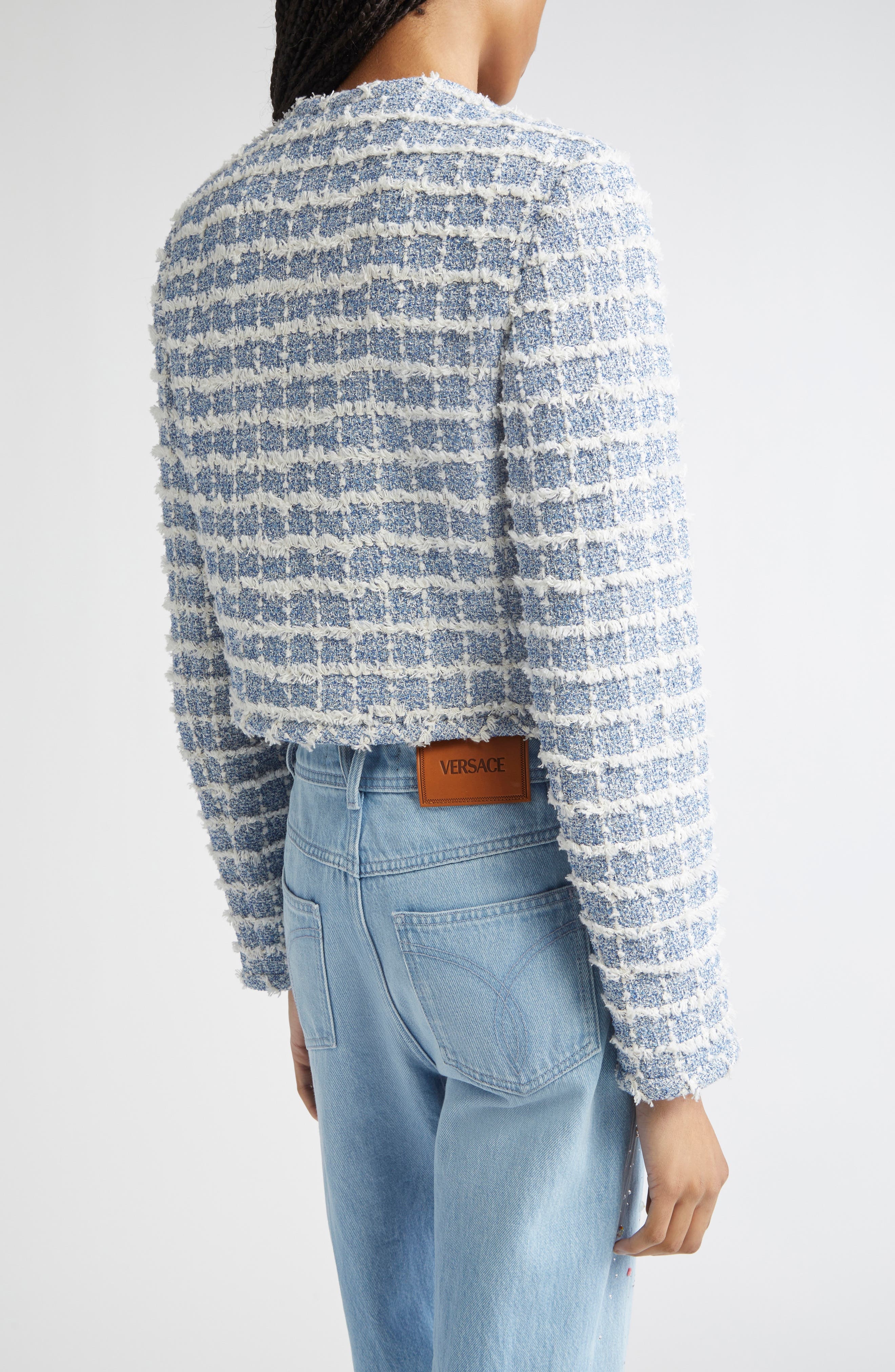 Versace Medusa '95 Windowpane Tweed Crop Jacket in Light Indigo at Nordstrom - 3