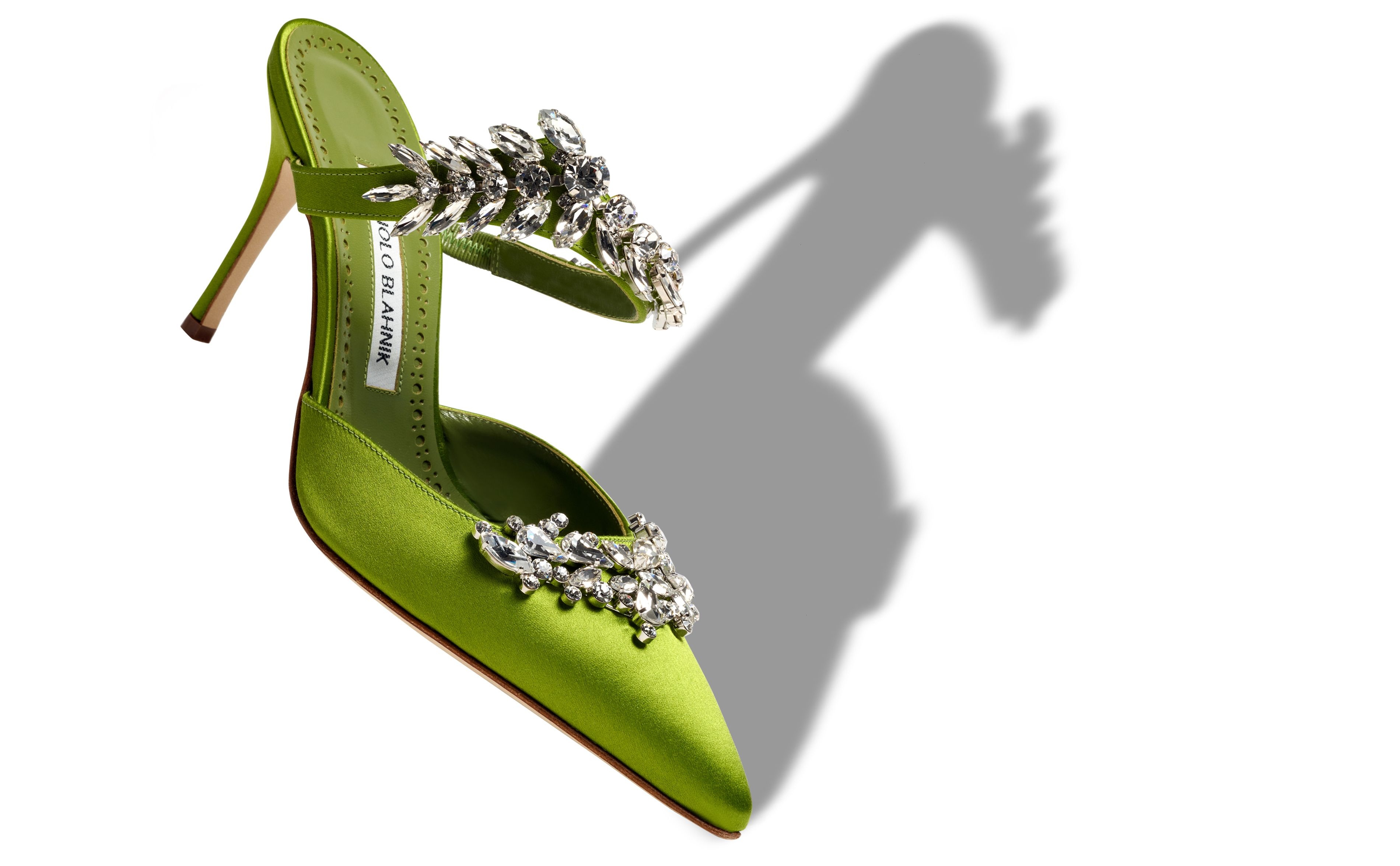 Manolo Blahnik Light Green Satin Crystal Embellished Mules