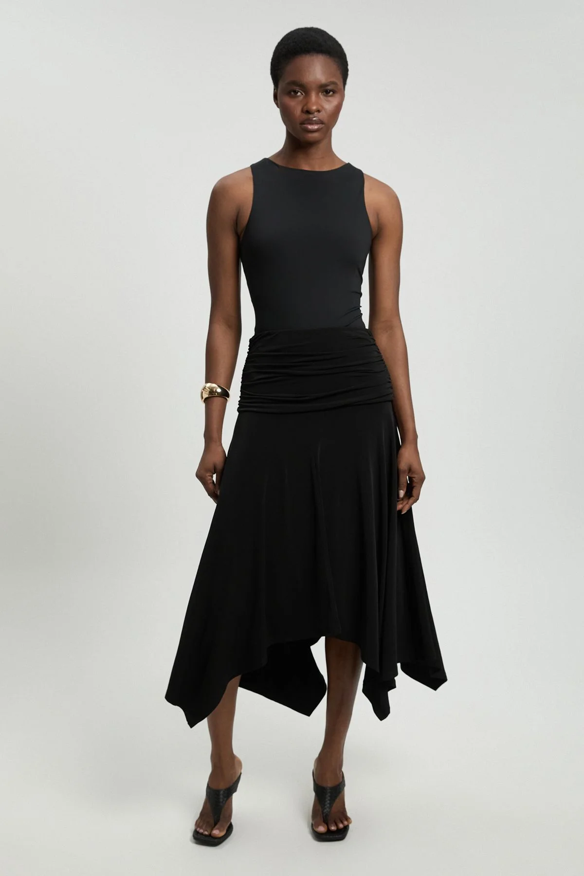 Stretch Drapey Crepe Ruched Hanky Hem Midi Skirt - 1