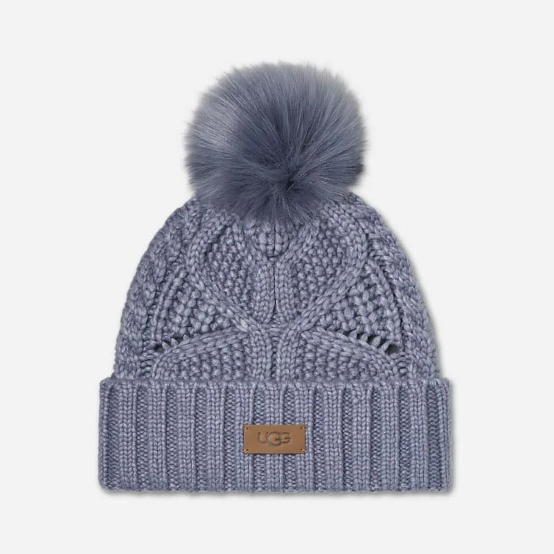 ® Women's Cable Beanie With Pom Knit/Faux Fur in Silver Blue - 1