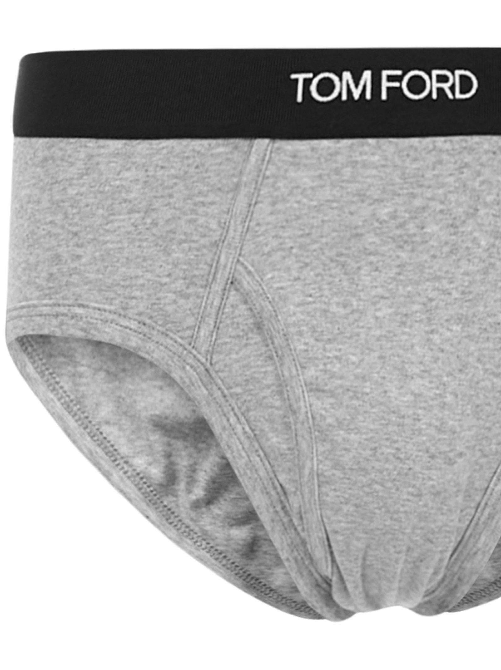 Gray stretch cotton briefs with black elastic waistband and Tom Ford jacquard logo. - 3