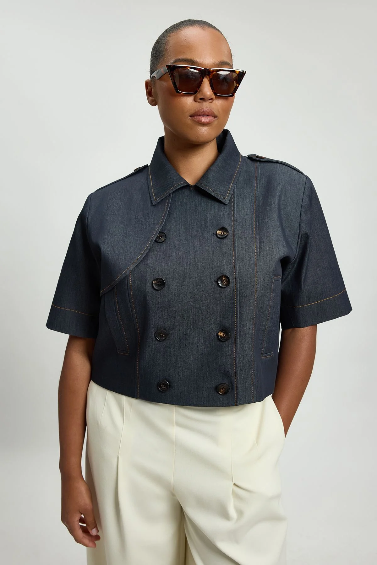 Plus Size Tailored Denim Trench Jacket - 1