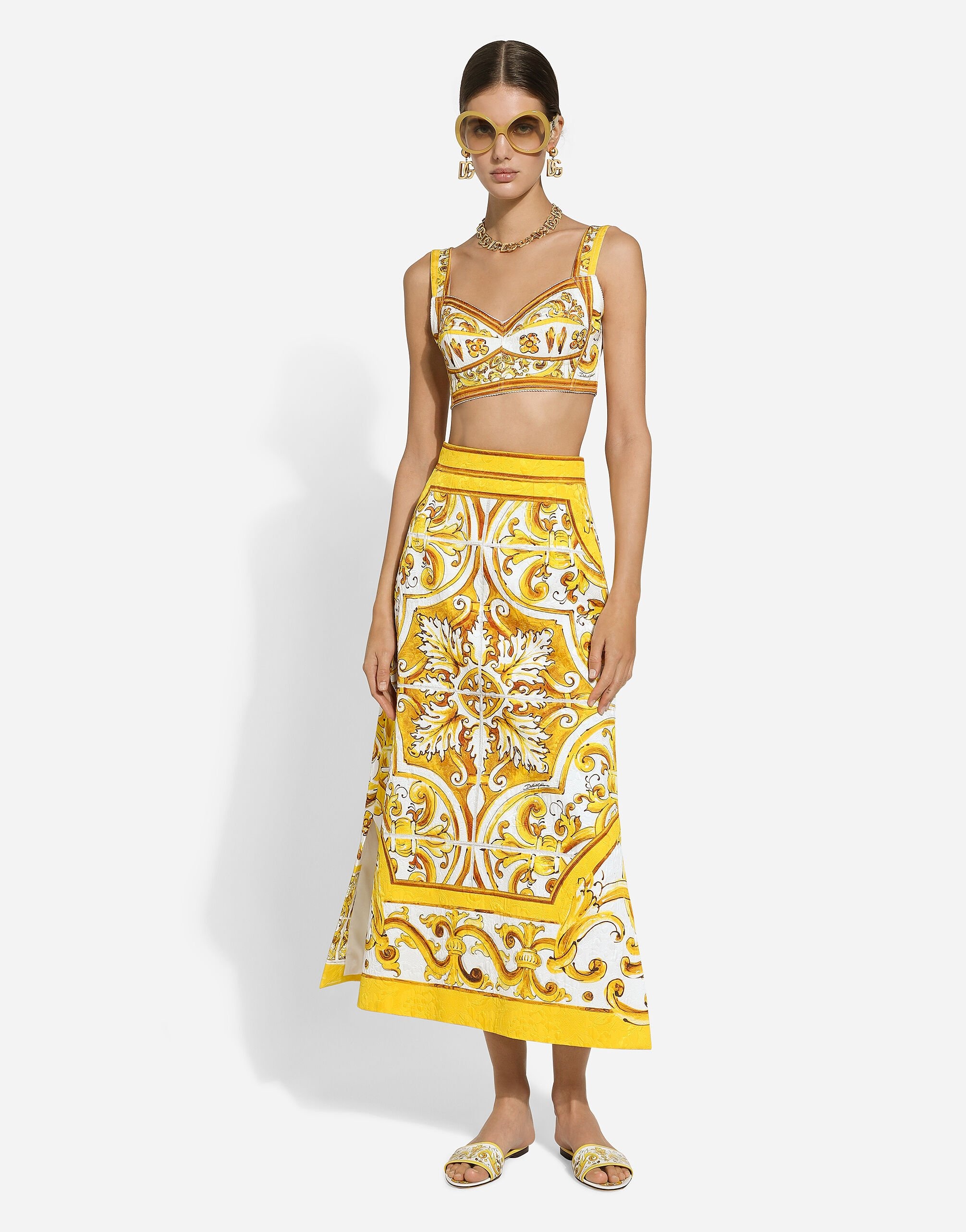 Majolica-print brocade calf-length skirt - 2