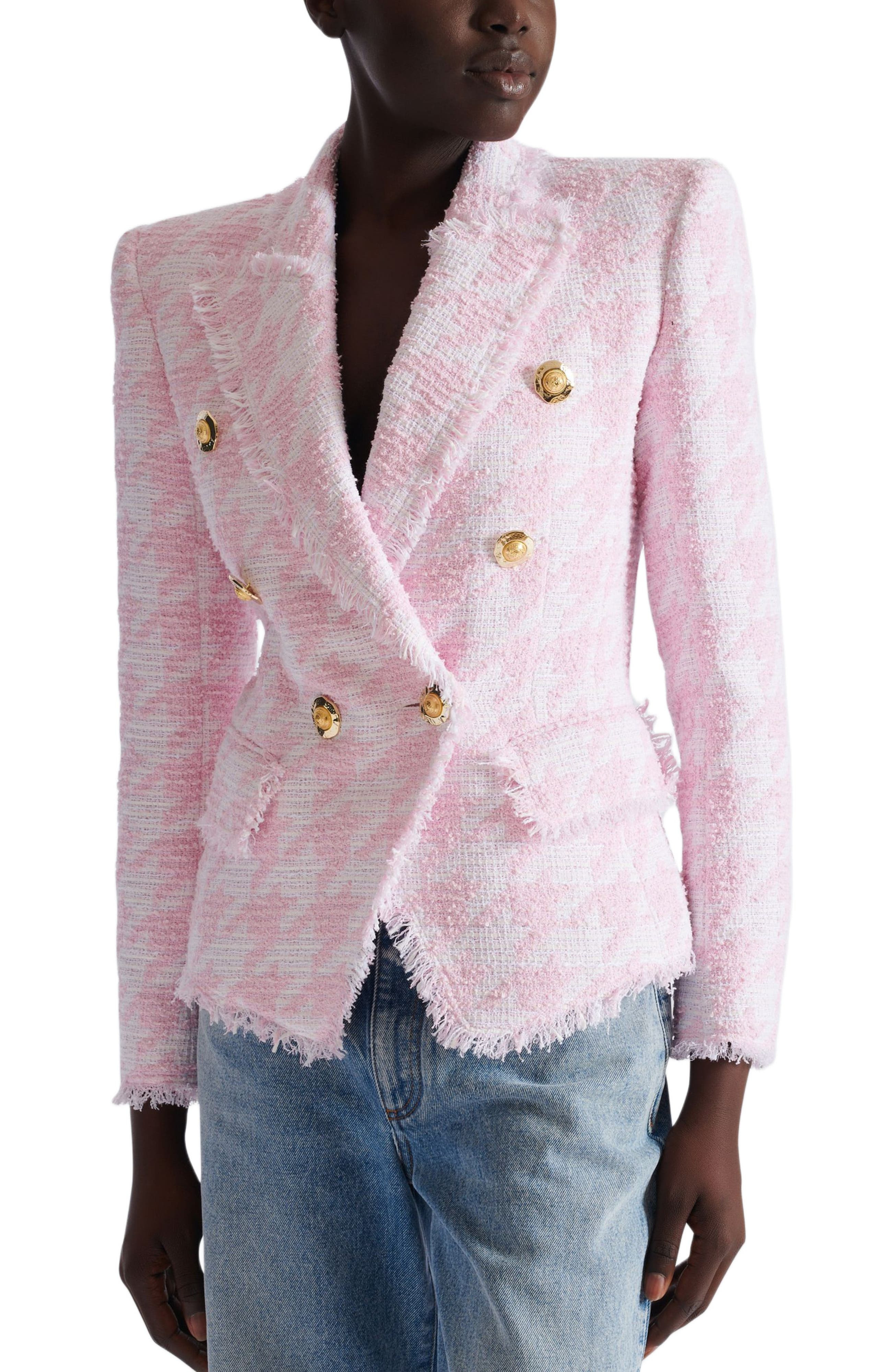 Balmain 6-button houndstooth tweed fitted jacket in Pink at Nordstrom - 7